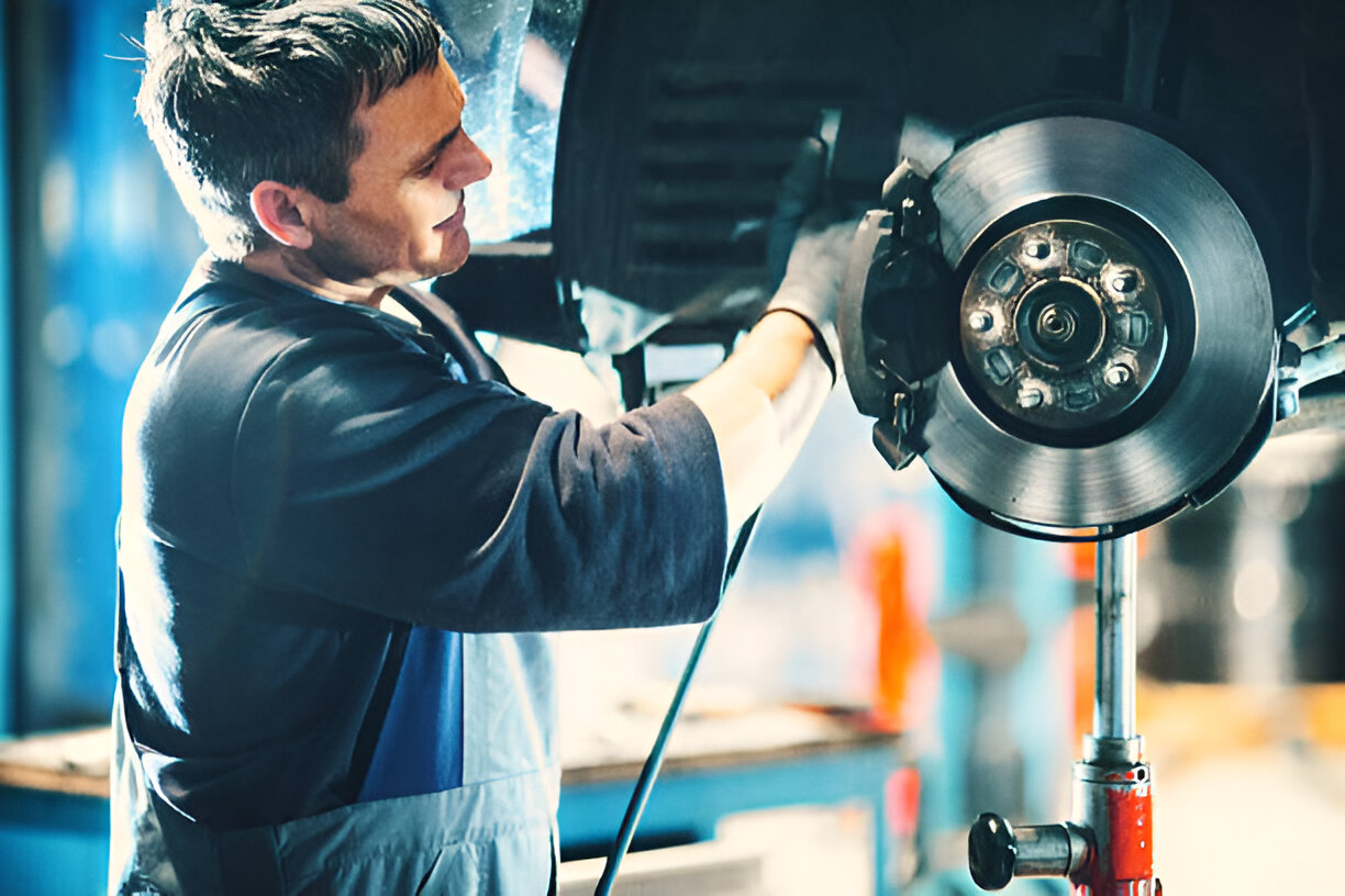 Mechanic working on car brake disc in automotive repair shop