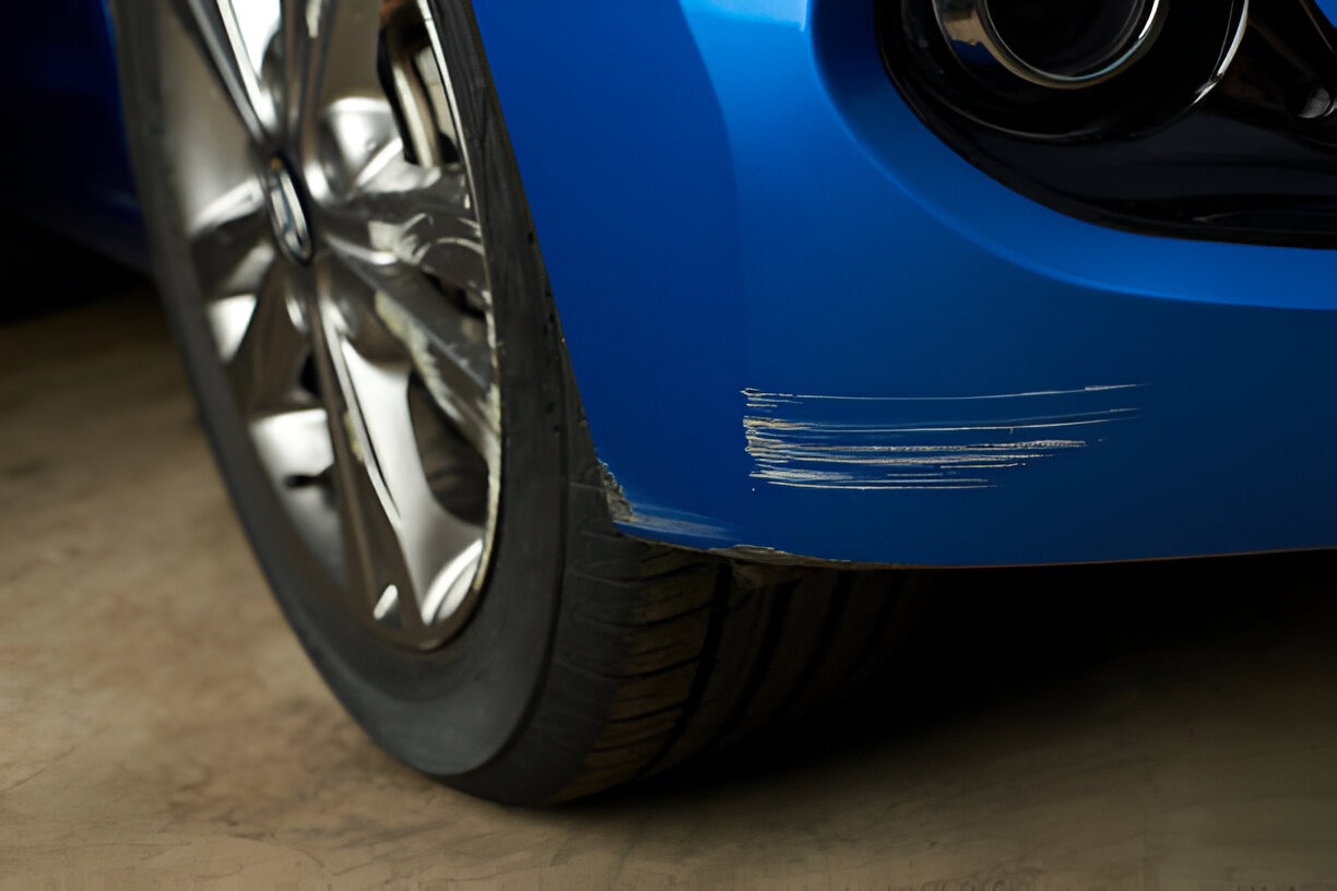 Blue car with scratched paint near wheel and silver alloy rim