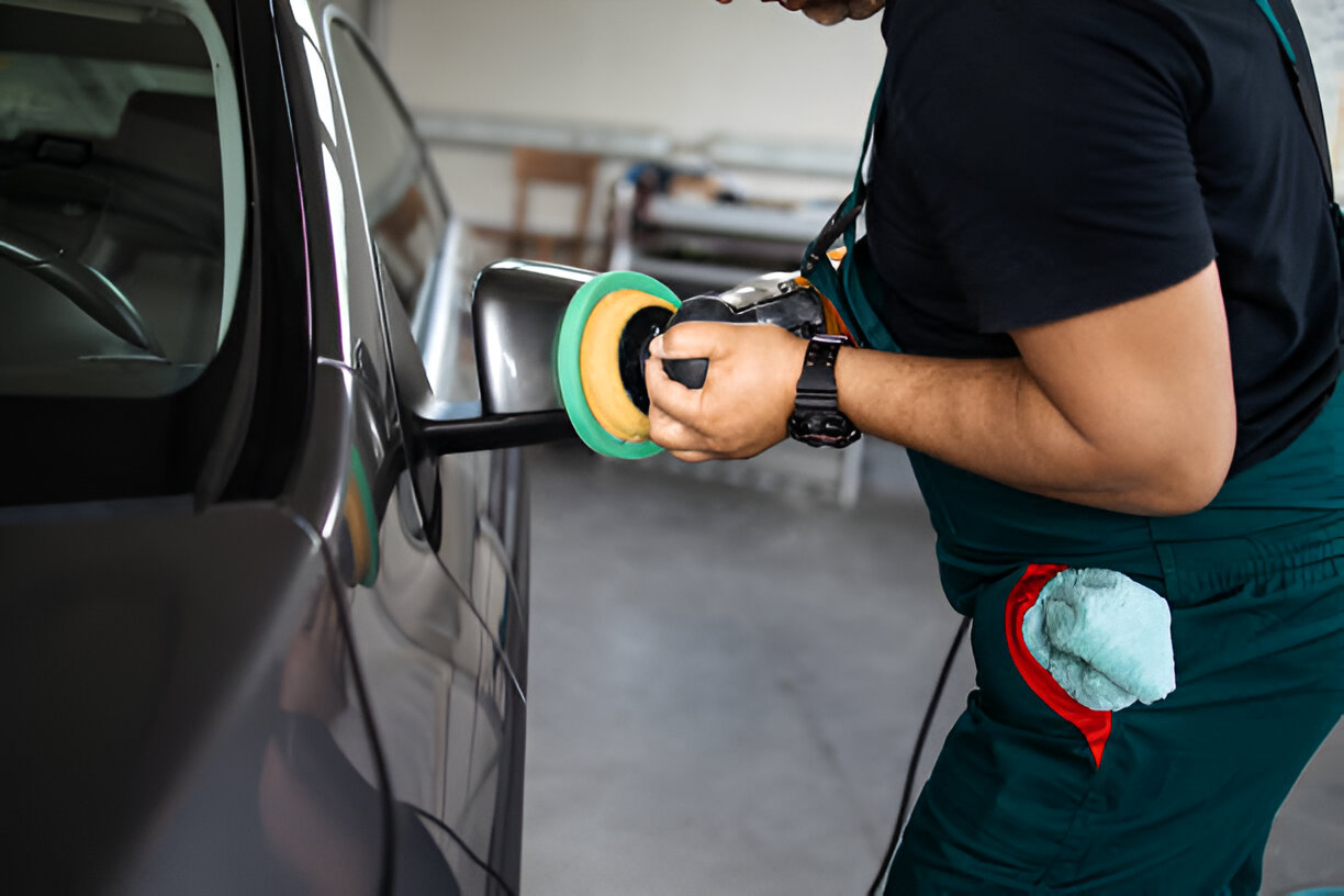 Car detailing professional polishing vehicle with orbital buffer