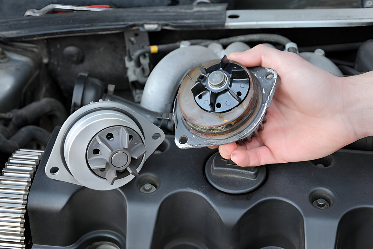 Hand removing water pump from car engine during automotive repair