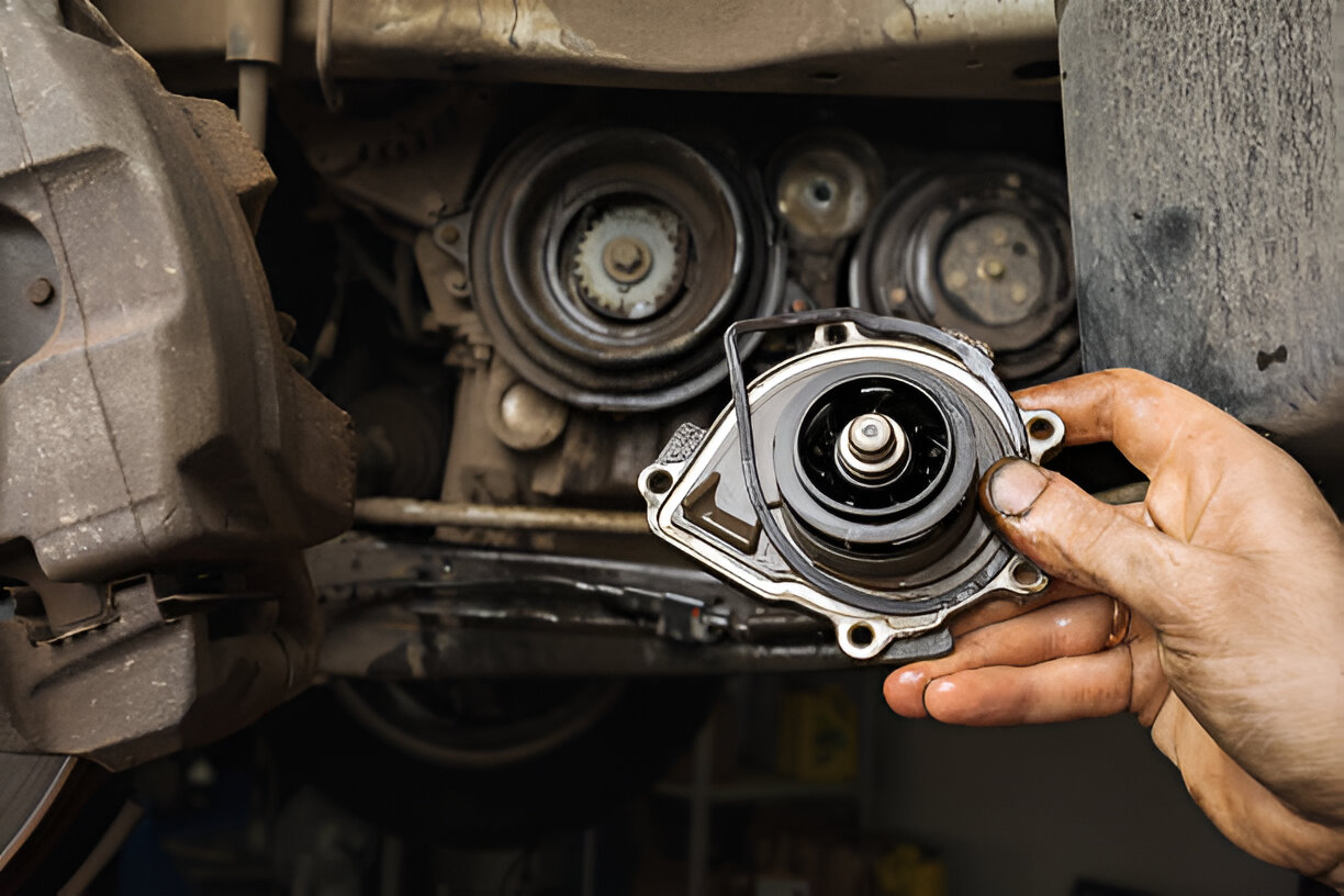 Hand holding automotive water pump during engine repair or replacement