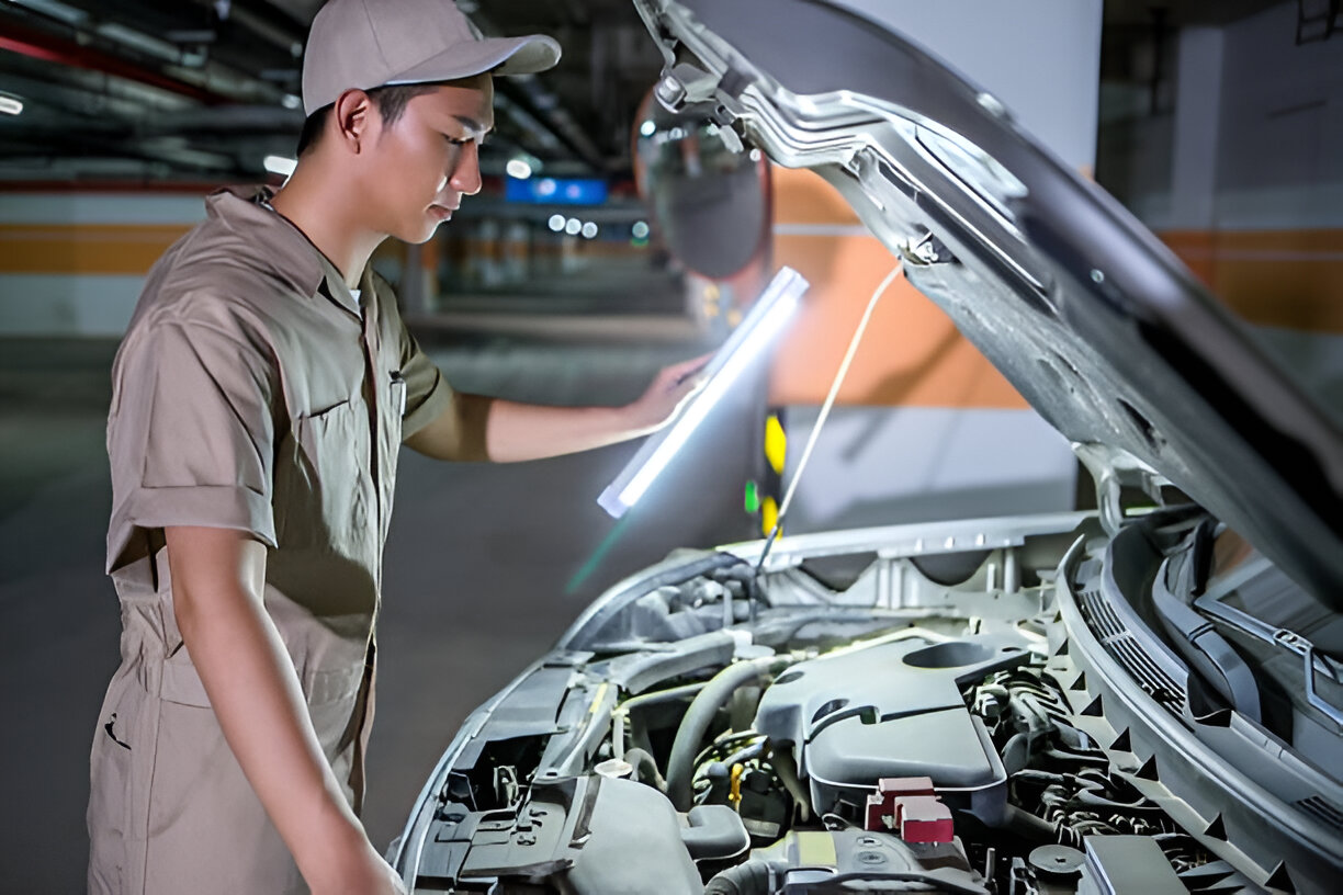 Mechanic using handheld light to inspect car engine in automotive workshop