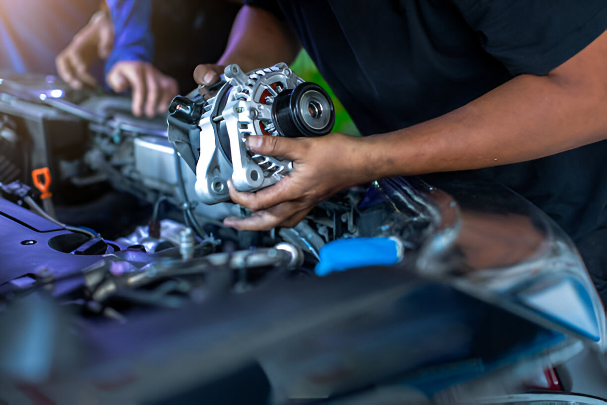 Mechanic repairing car alternator in automotive workshop