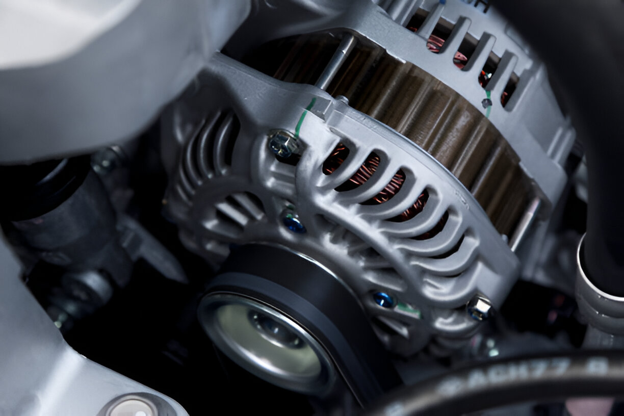 Car alternator with copper windings and metallic components in close-up