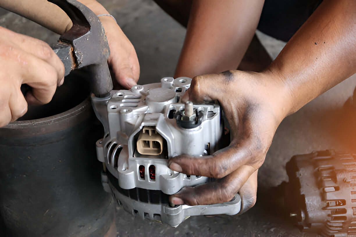 Mechanic's hands repairing a car alternator with a tool
