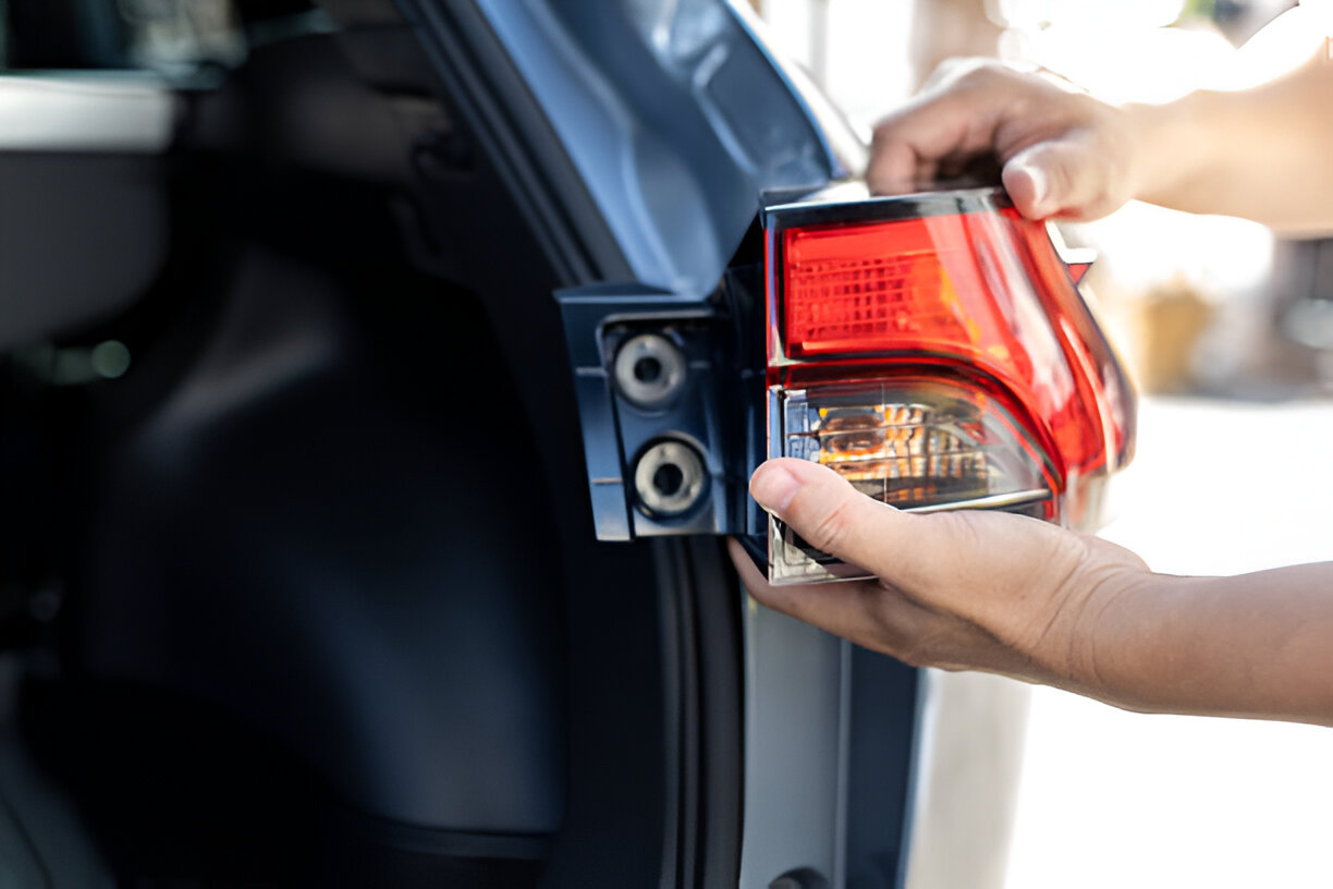 Hand removing car tail light for repair or replacement