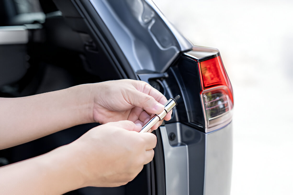 Hand adjusting car door hinge with metal tool near taillight