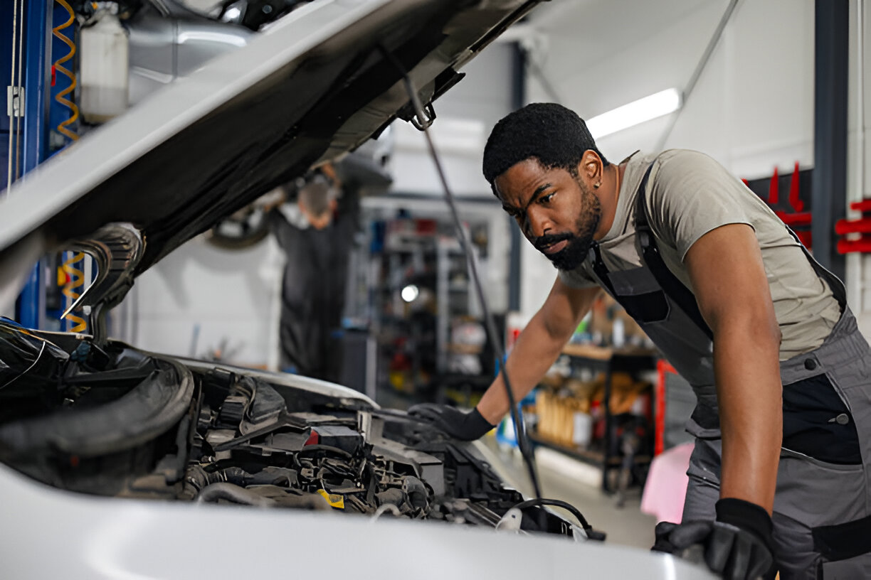 Mechanic in workshop examining car engine under raised hood