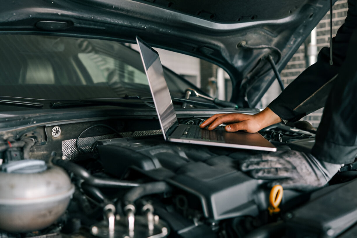 Laptop placed on car engine during automotive diagnostic or repair work