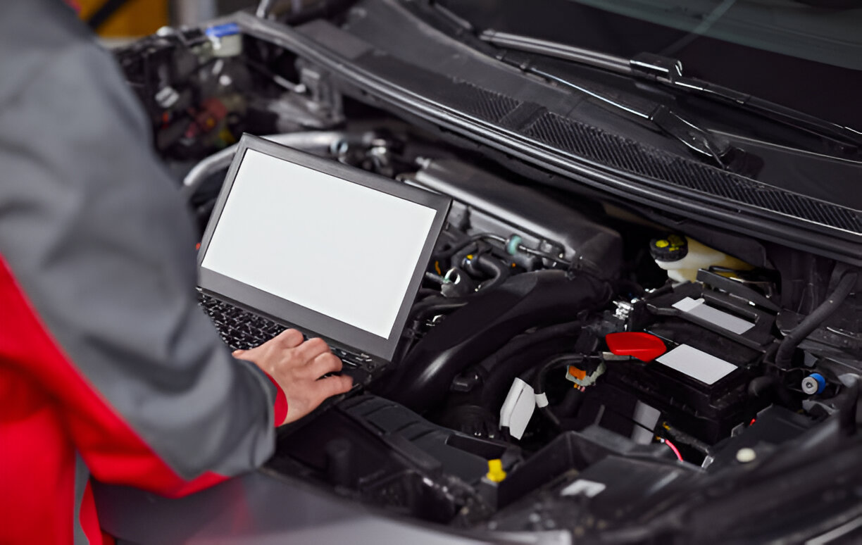 Mechanic using laptop to diagnose car engine computer system