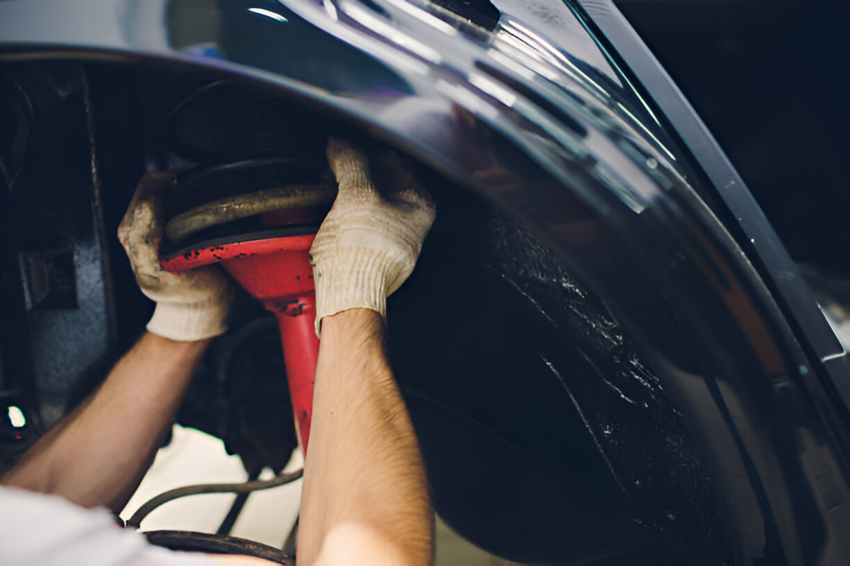 Gloved hand working on car interior near red component