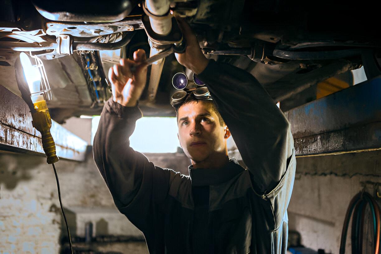 Mechanic wearing goggles works under vehicle in dimly lit garage