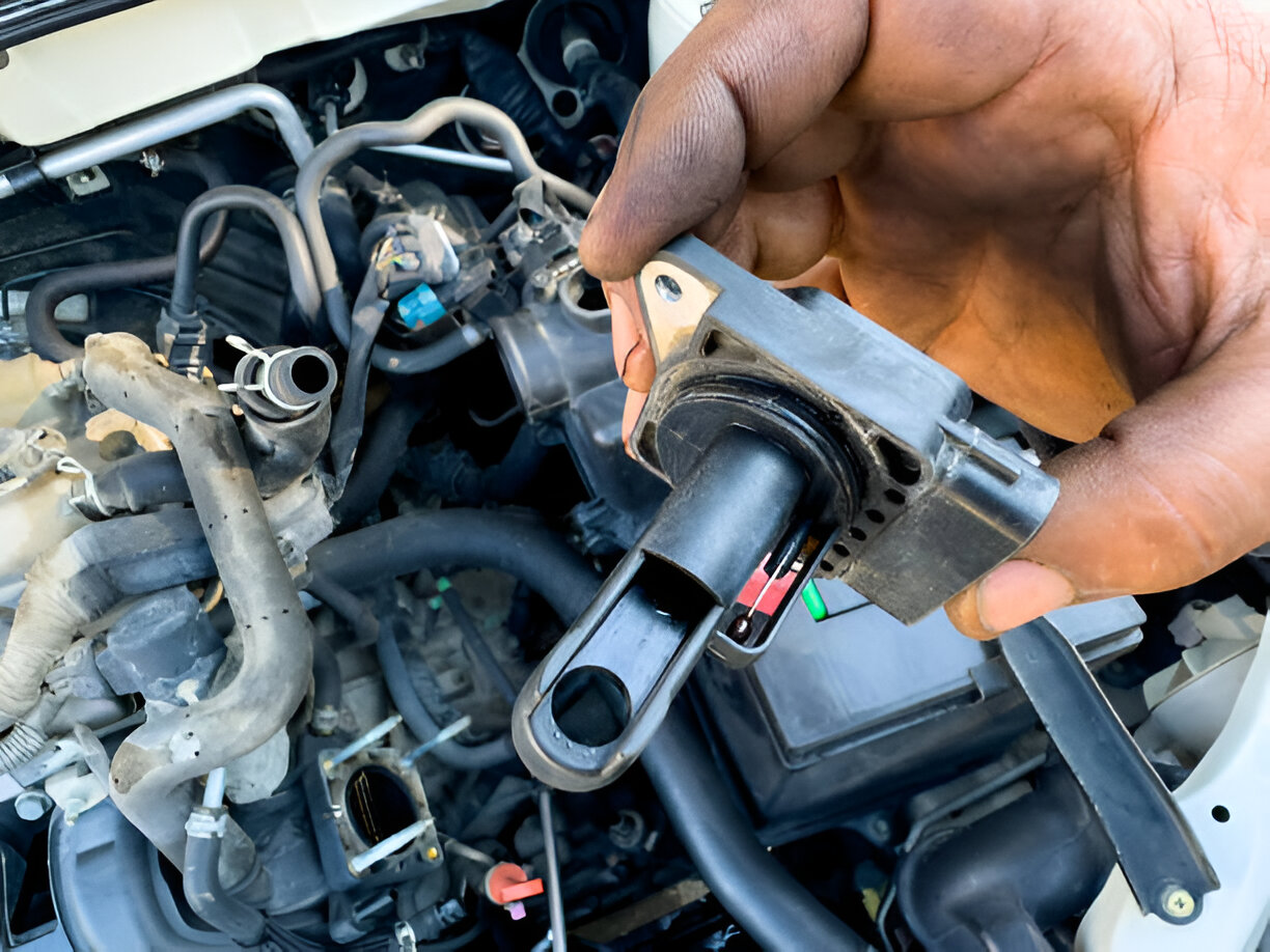 Mechanic's hand repairing car engine with specialized diagnostic tool