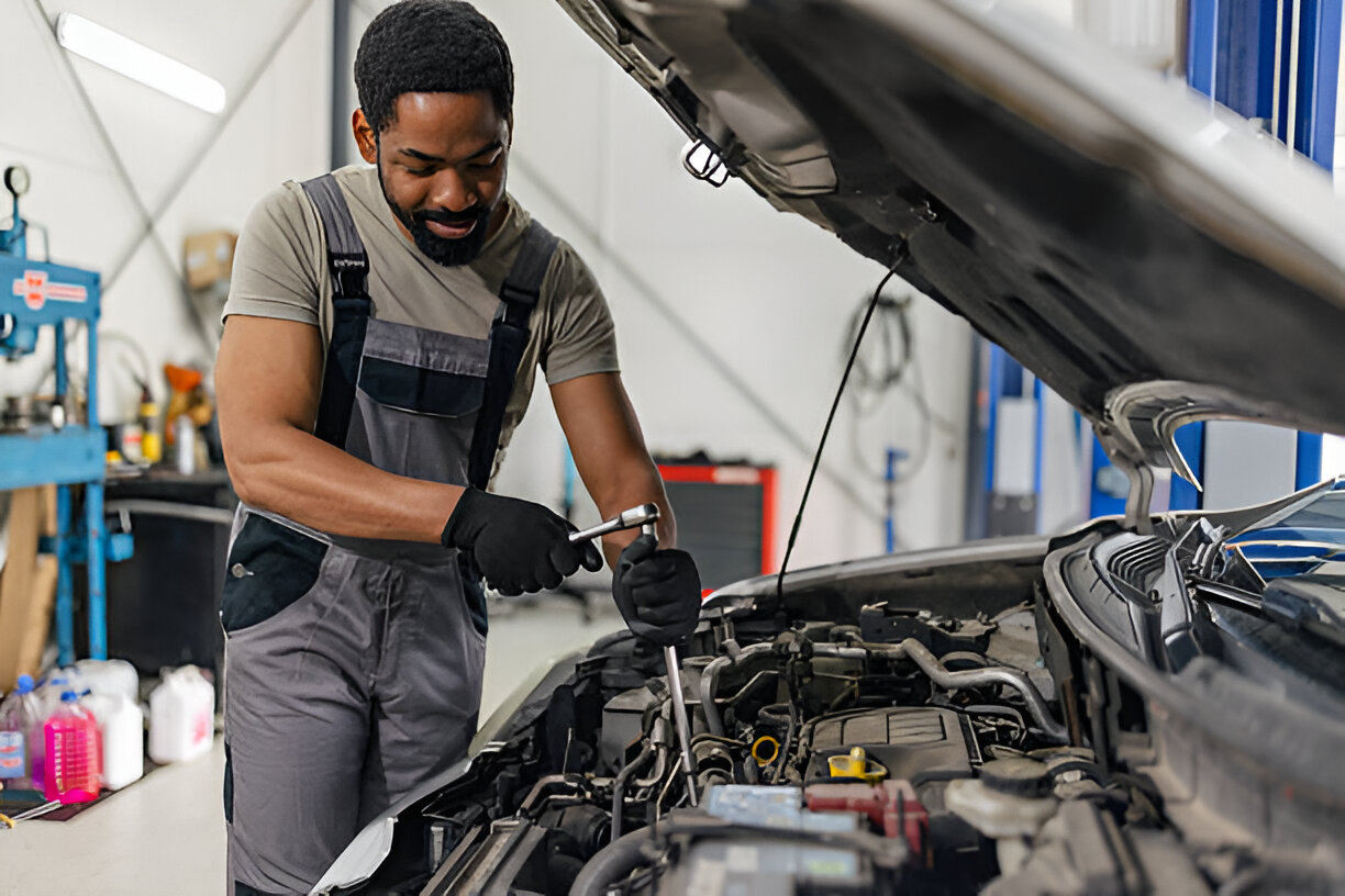 Mechanic in overalls repairs car engine in automotive workshop
