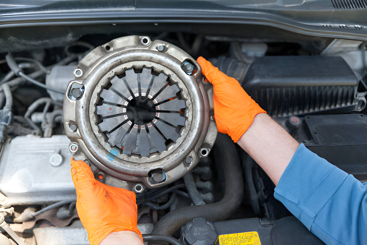 Mechanic in orange gloves inspecting car clutch inside engine compartment