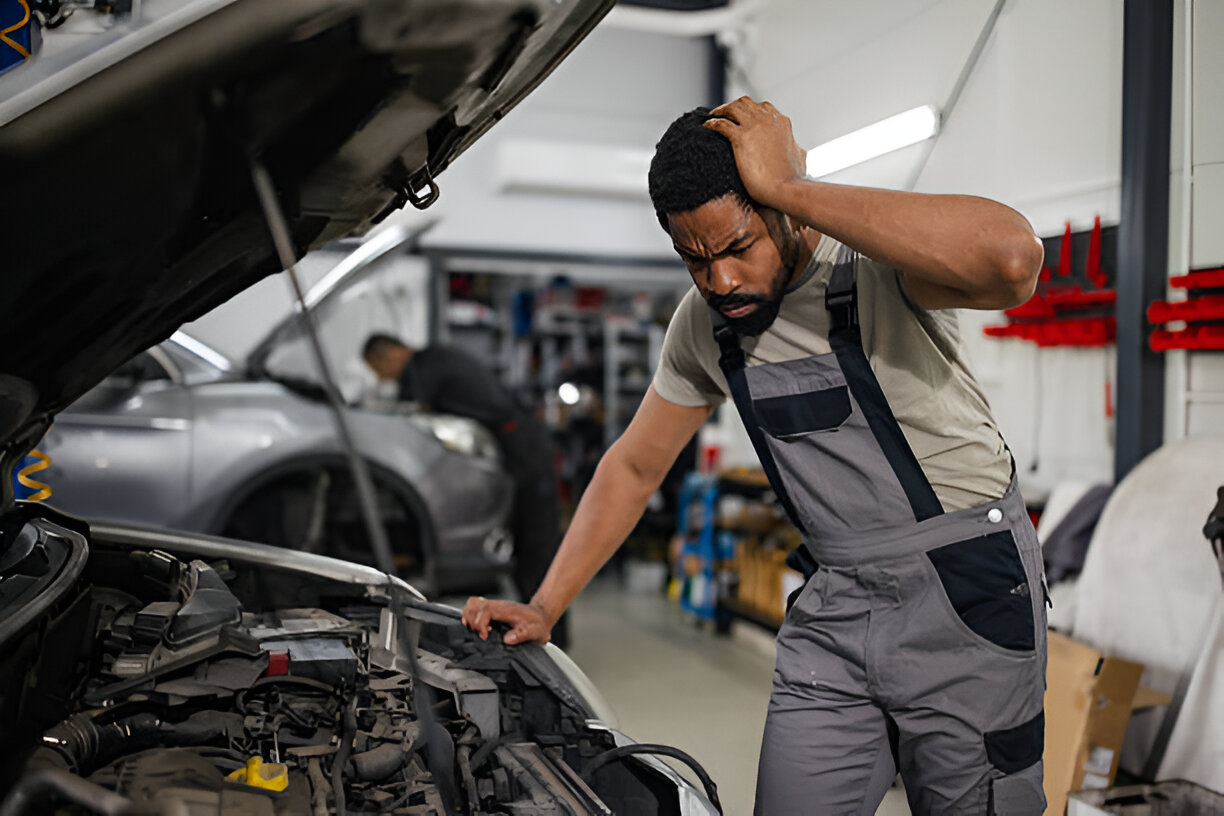 Mechanic looking stressed while inspecting car engine in repair shop