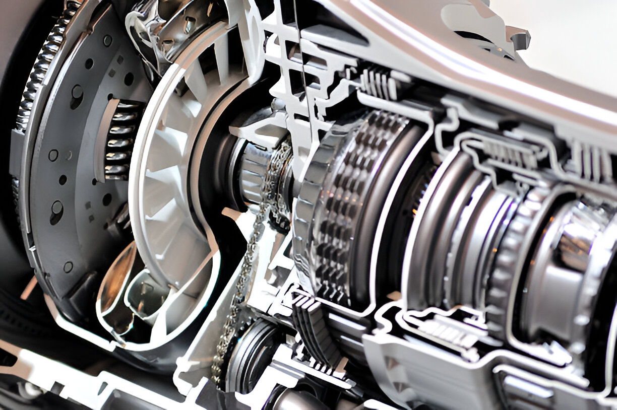 Cross-section of a complex mechanical transmission with interlocking gears