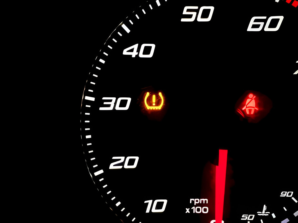 Car dashboard with tire pressure warning light and seatbelt indicator