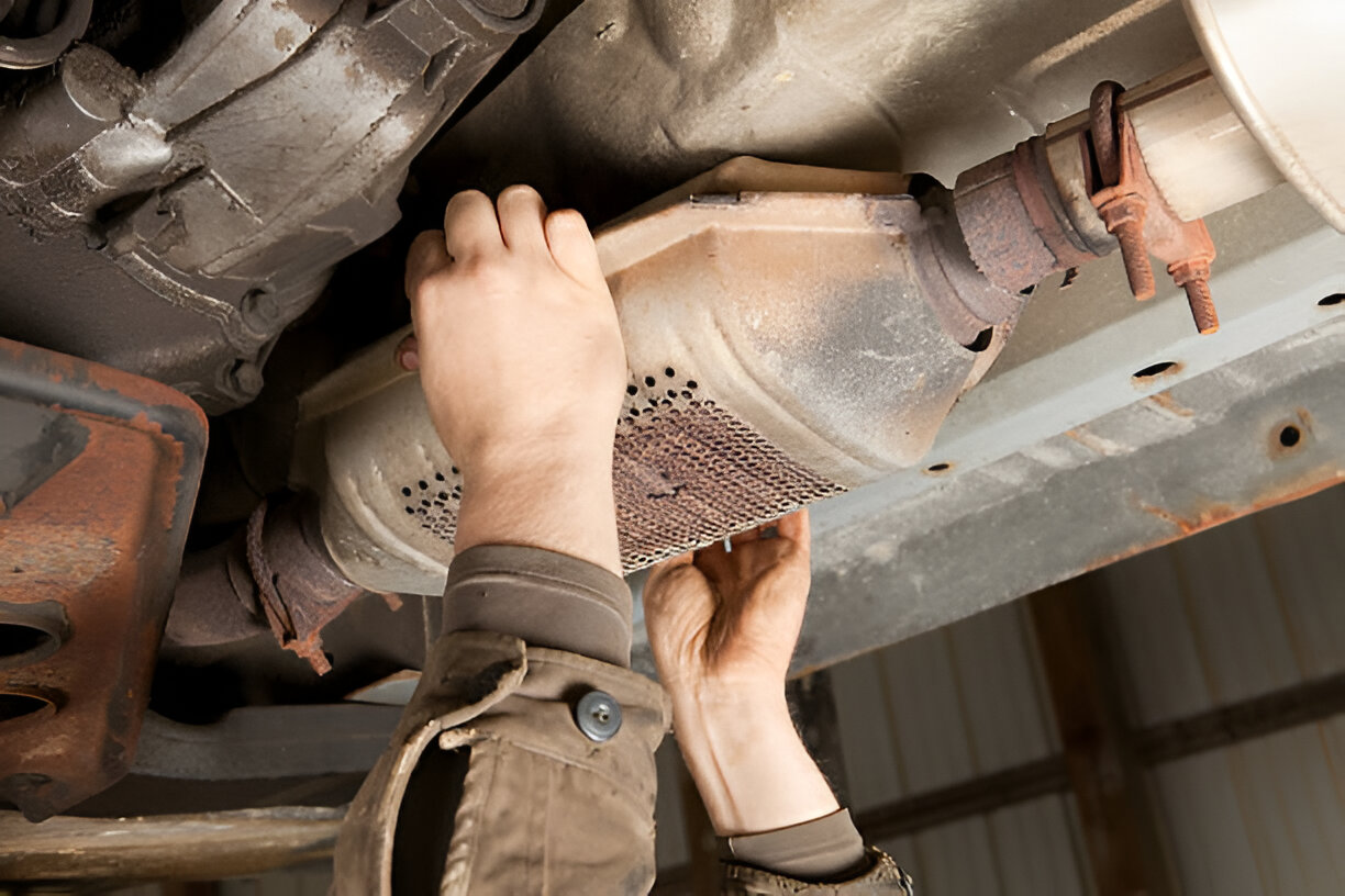 Mechanic's hands working underneath a vehicle, inspecting exhaust system