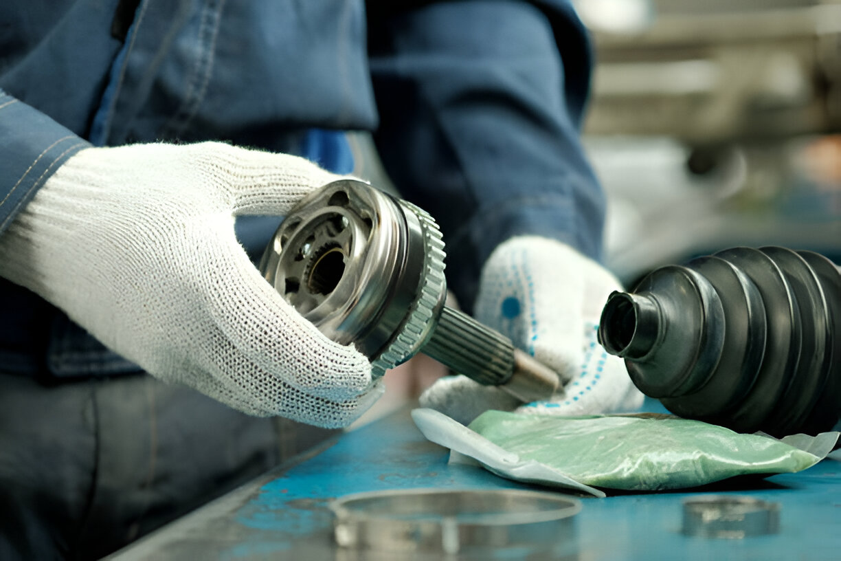 Mechanic's gloved hand inspecting automotive transmission or CV joint component