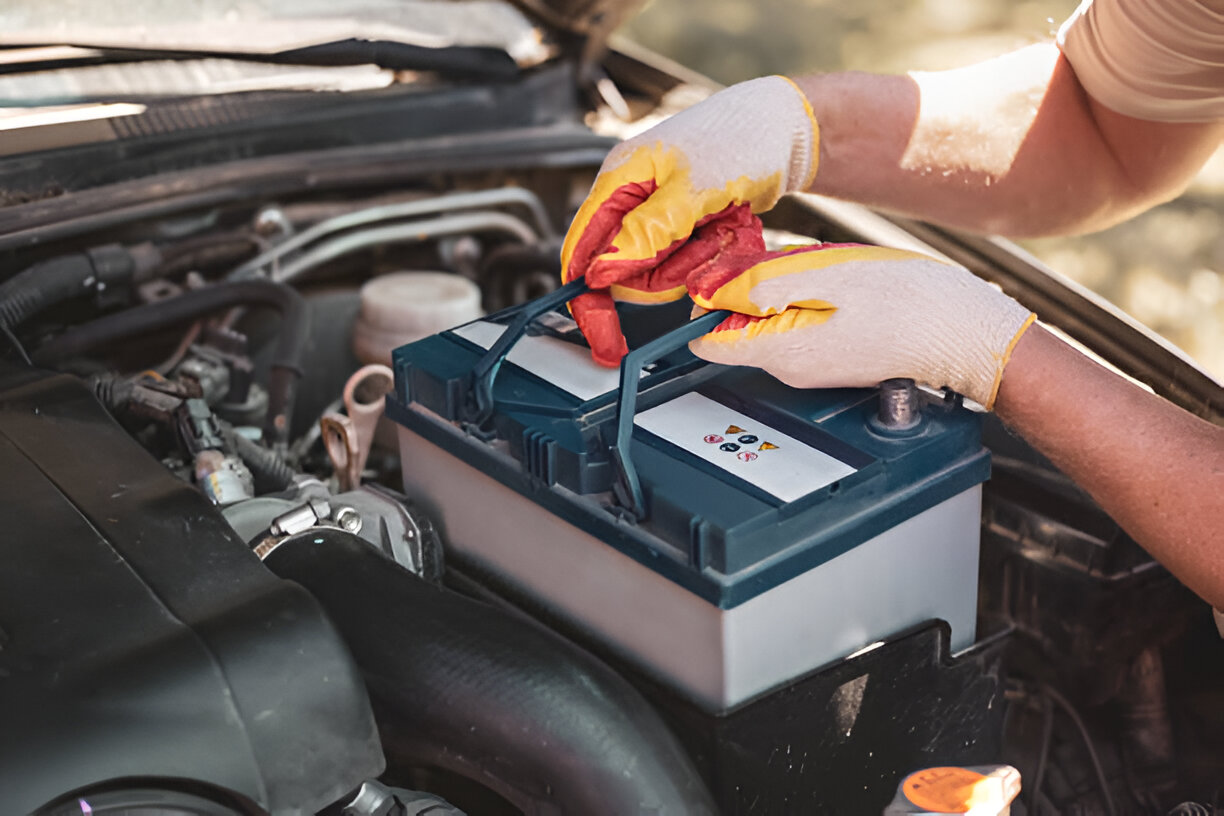 Hands in protective gloves checking car battery under open hood