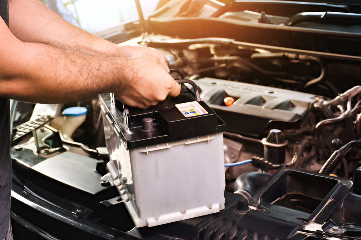Car battery being installed or checked under an open vehicle hood