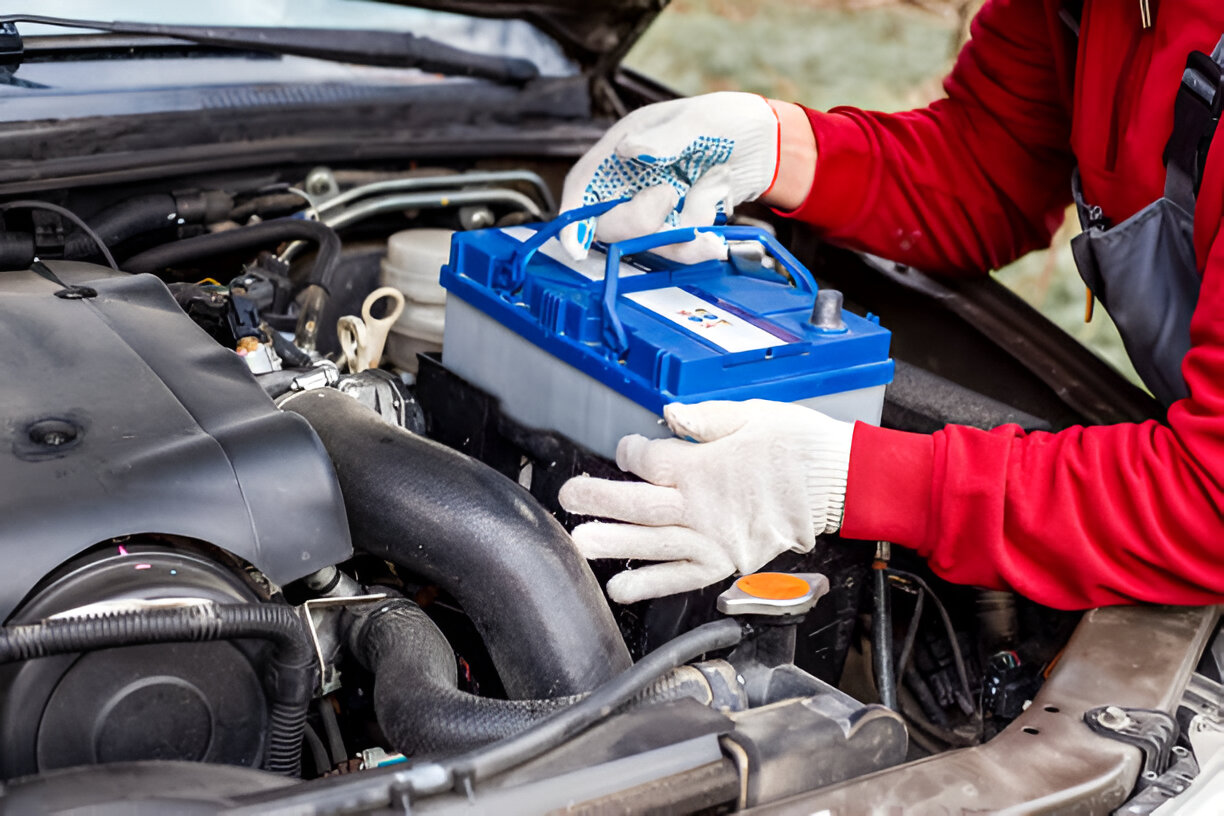 Mechanic in red jacket replacing car battery under open hood