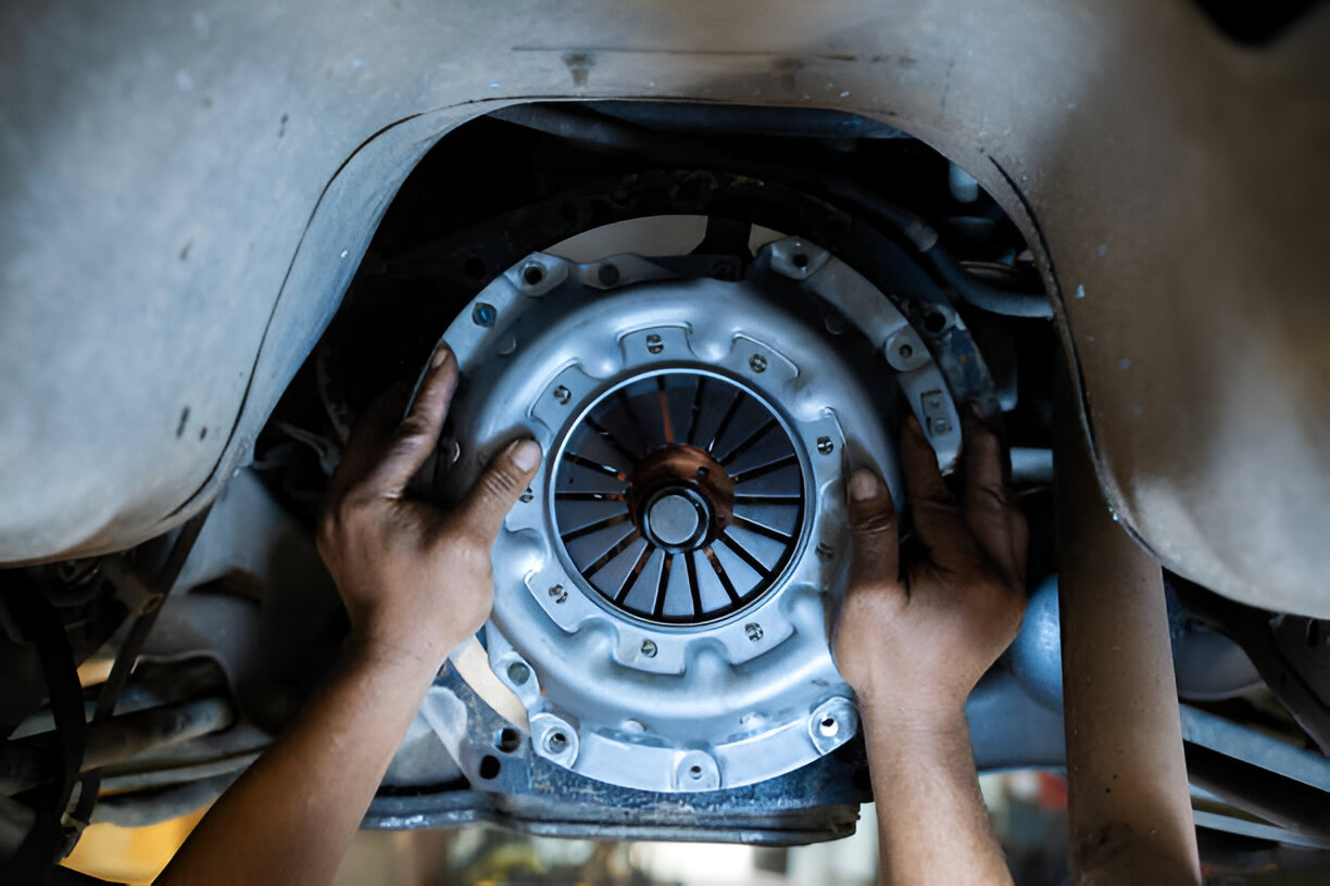 Hands repairing a metallic clutch or wheel mechanism in vehicle