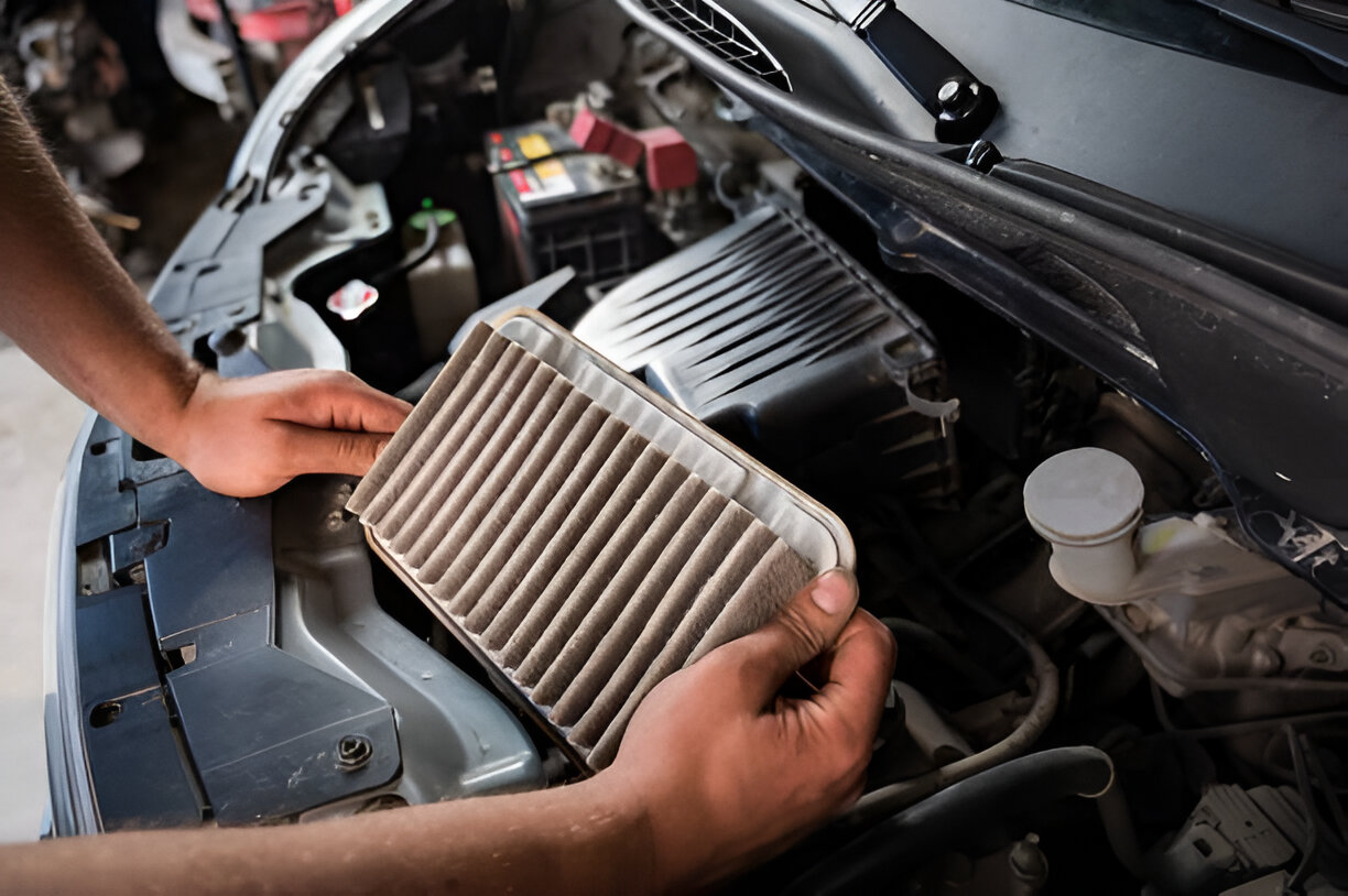 Hands replacing a dirty air filter in a car engine compartment