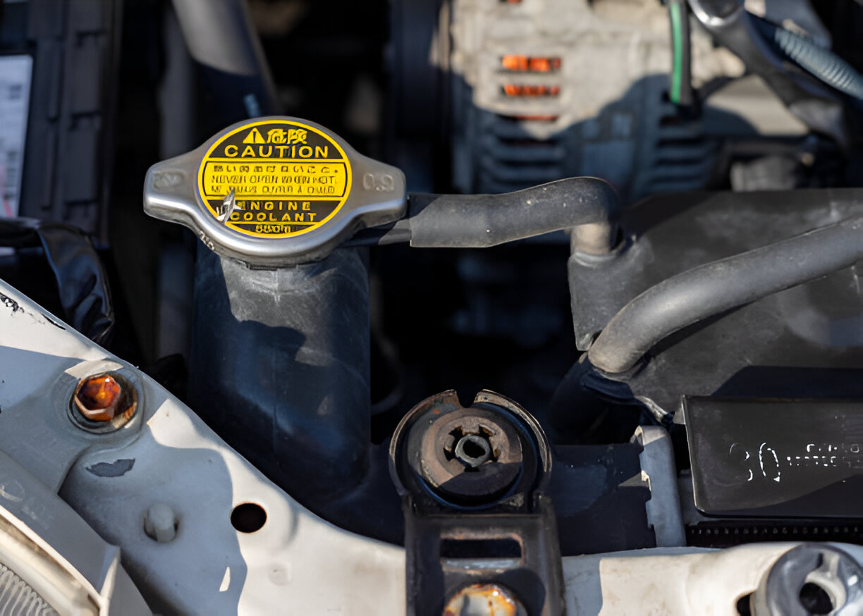 Car engine compartment with yellow caution coolant cap and various components