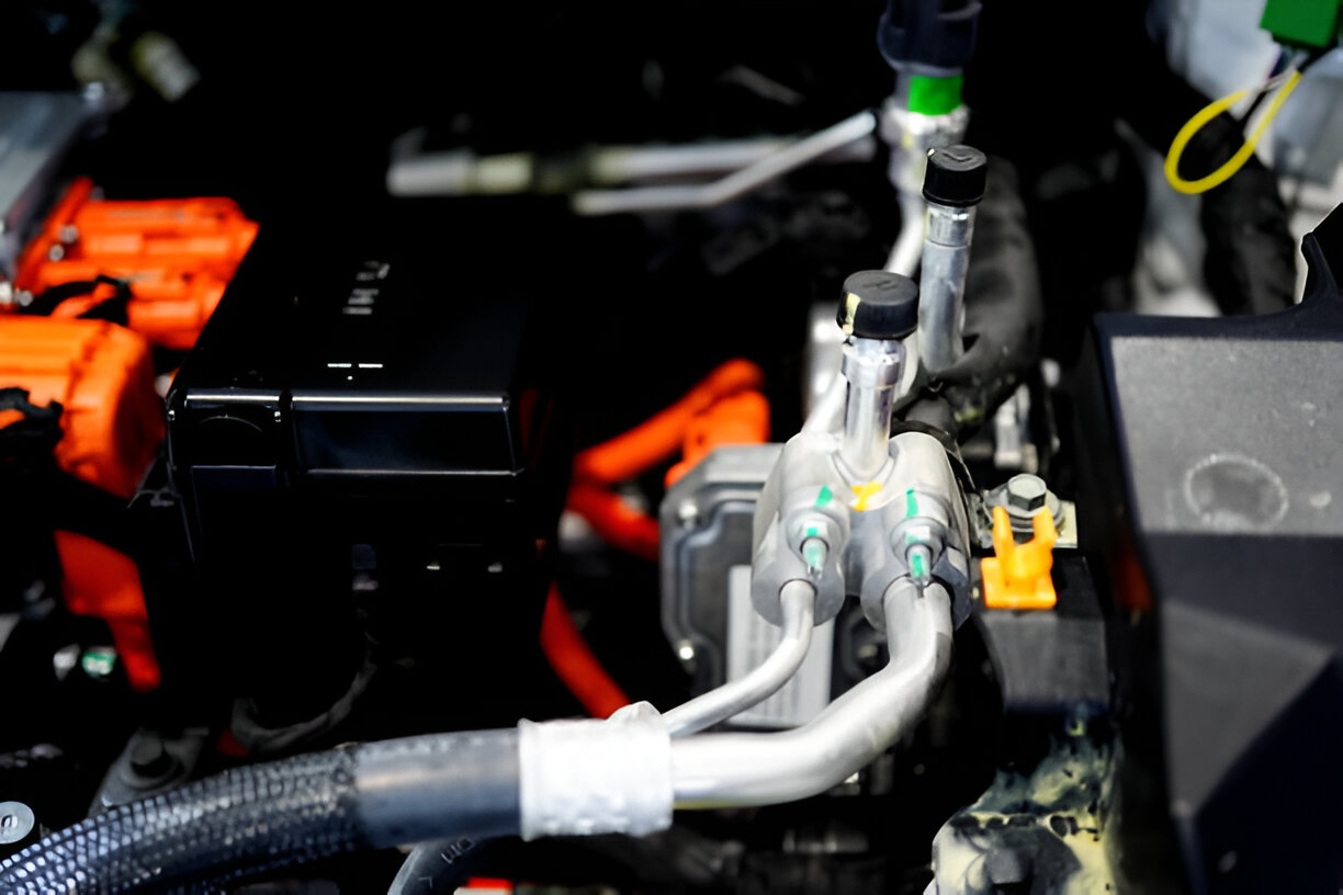 Complex automotive electrical system with metal pipes and colored connectors