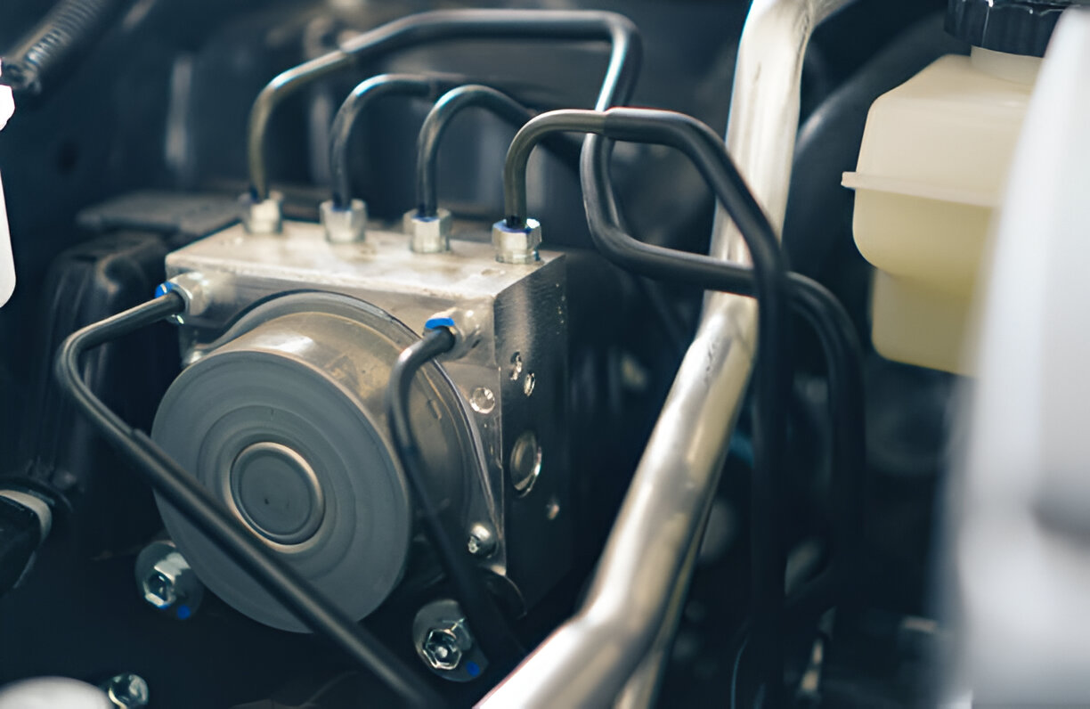 Close-up of car engine's ABS module with connecting wires and hydraulic block