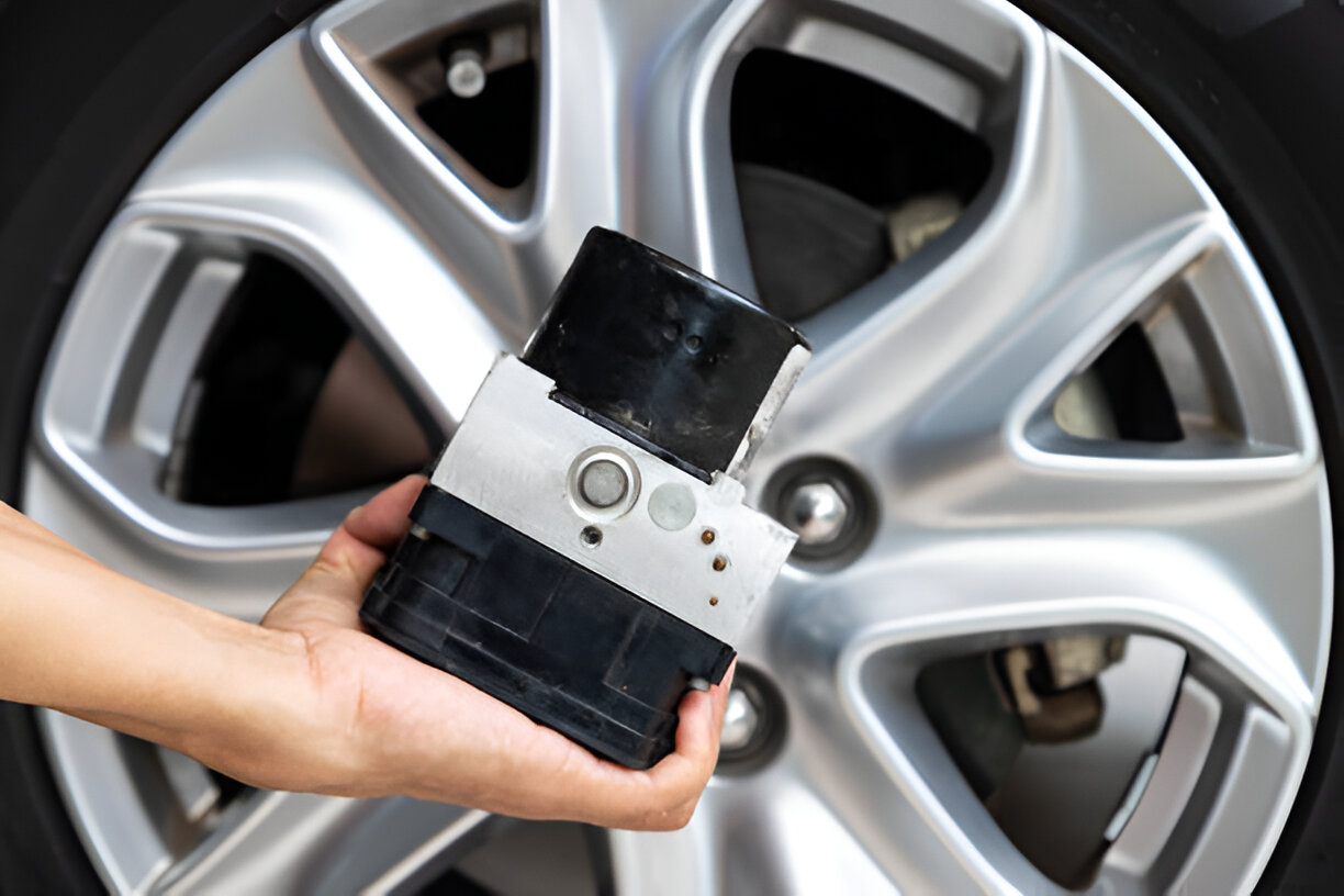 Hand holding ABS module near car wheel and alloy rim
