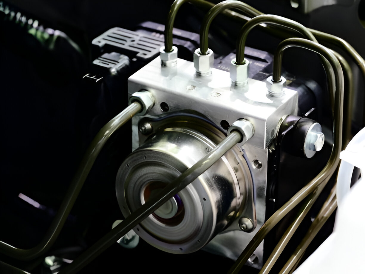 Detailed close-up of mechanical equipment with metallic pipes and components