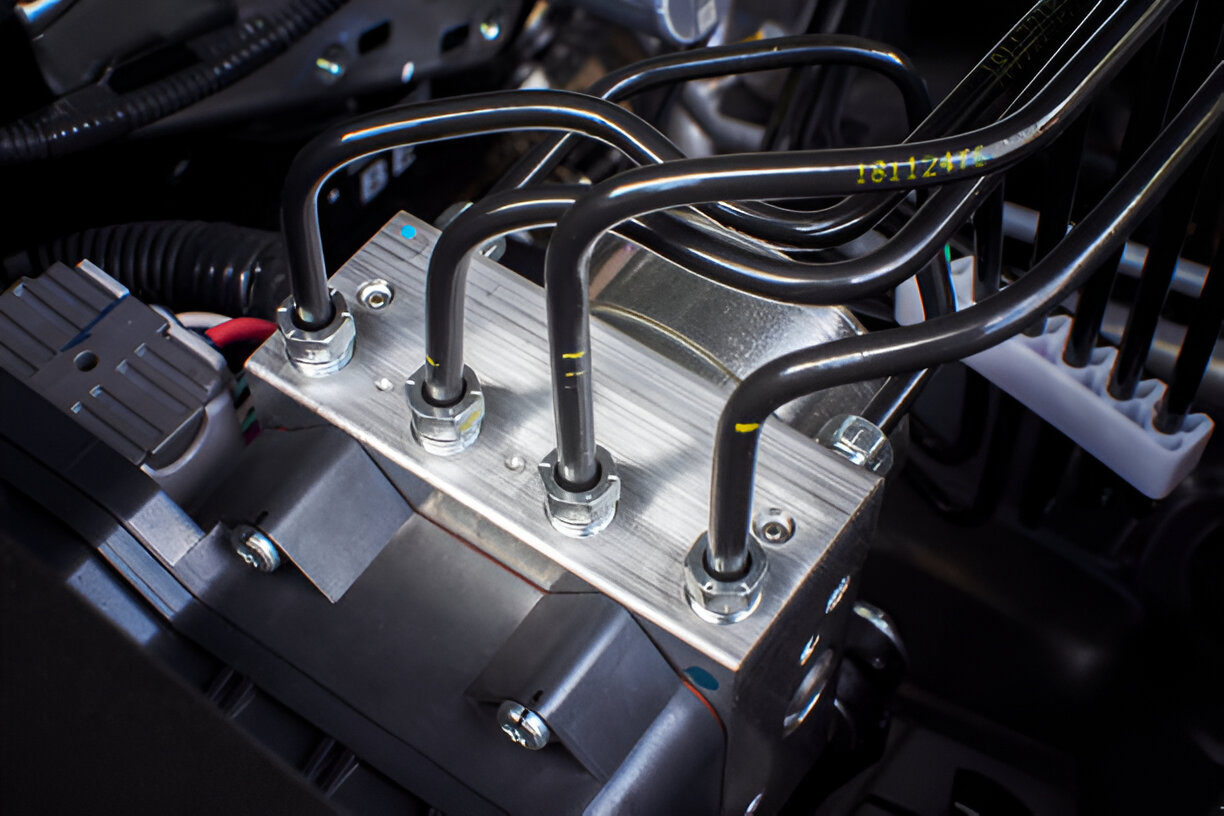 Close-up of complex electrical wiring and metal connectors on mechanical equipment