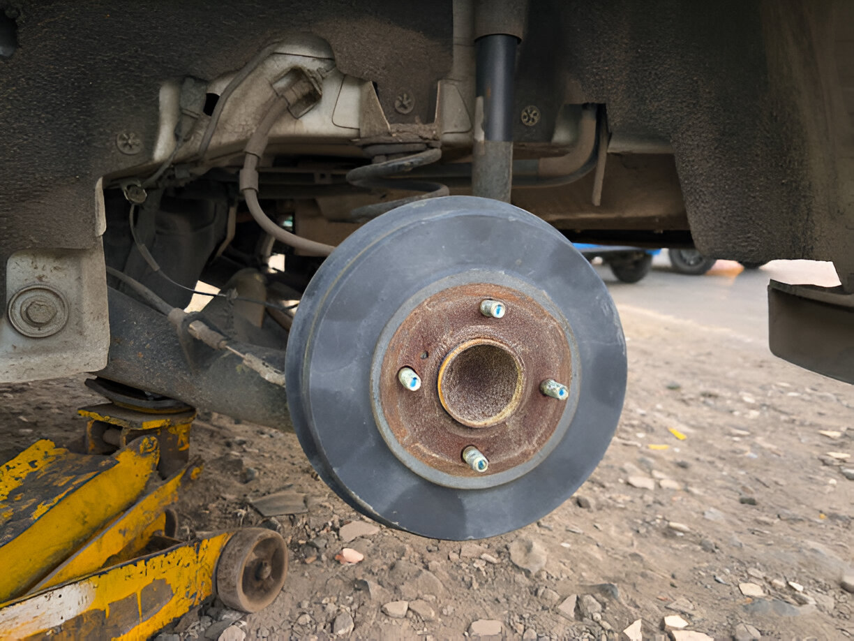 Car brake rotor and suspension system, lifted on yellow jack