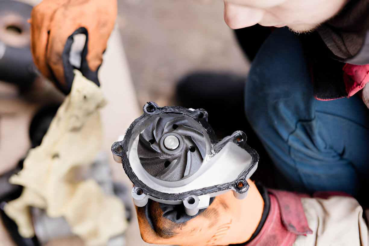 Mechanic holding a disassembled water pump with gloved hands