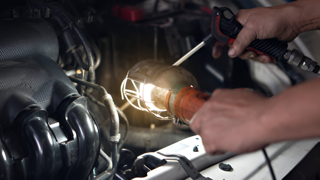 Mechanic using a work light to inspect car engine components