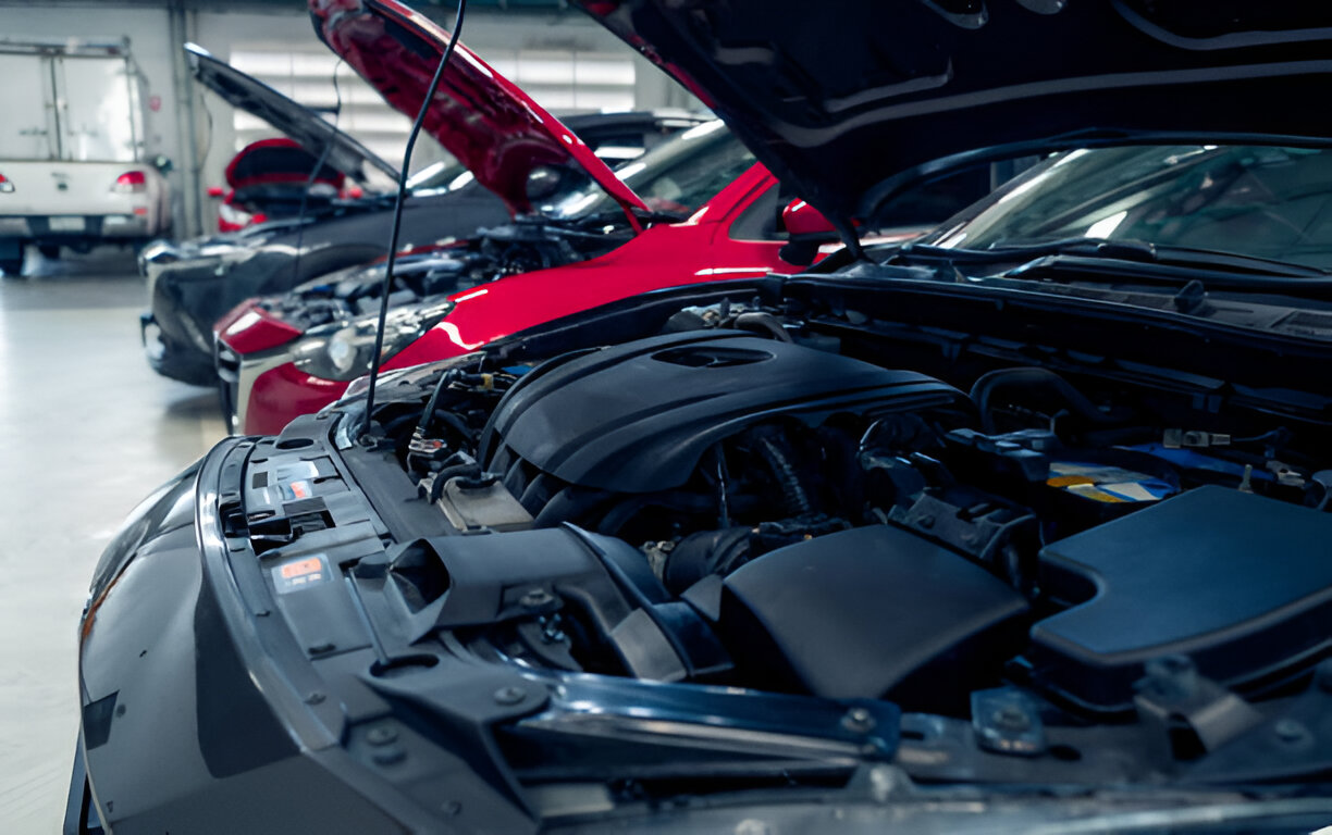 Red and black cars with open hoods in automotive repair shop