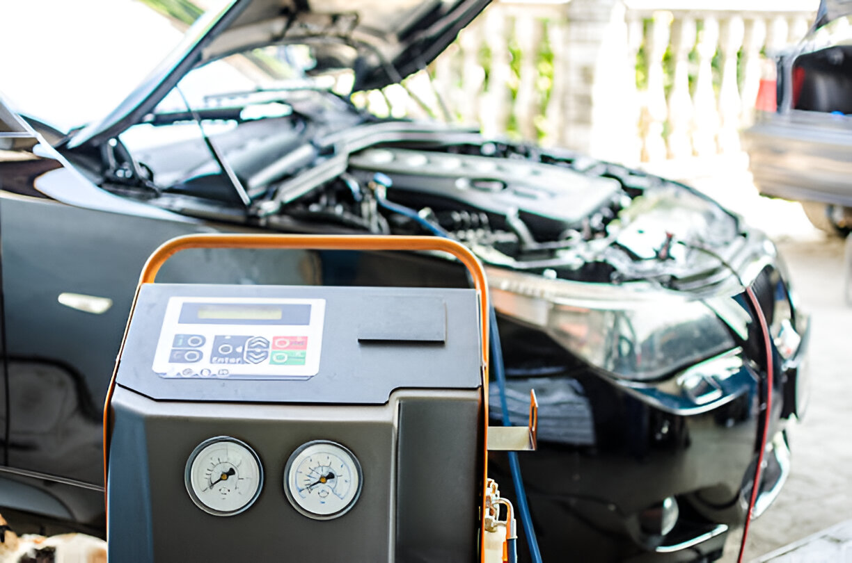 Car diagnostic machine connected to open engine compartment during vehicle service