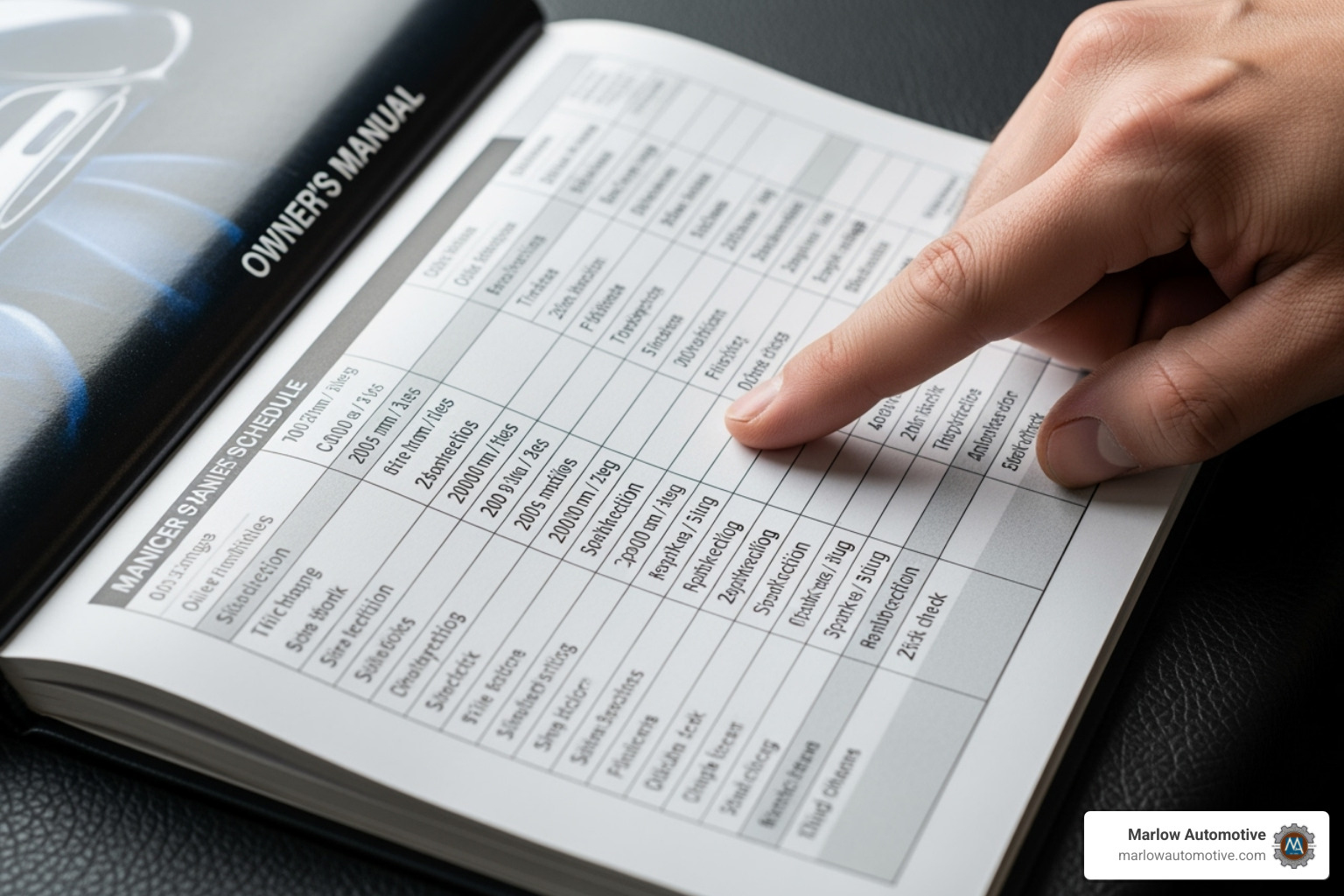 A car's owner's manual open to the maintenance schedule page, emphasizing the importance of manufacturer recommendations - scheduled maintenance
