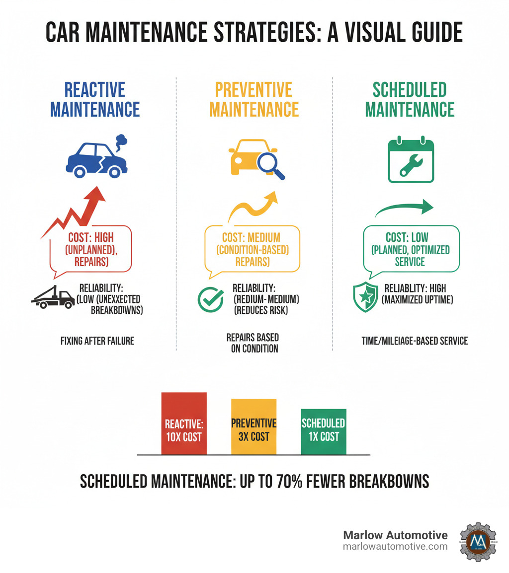 Infographic showing the difference between reactive maintenance (fixing after breakdown), preventive maintenance (condition-based repairs), and scheduled maintenance (time-based service intervals), with cost comparisons and reliability benefits for each approach - scheduled maintenance infographic 