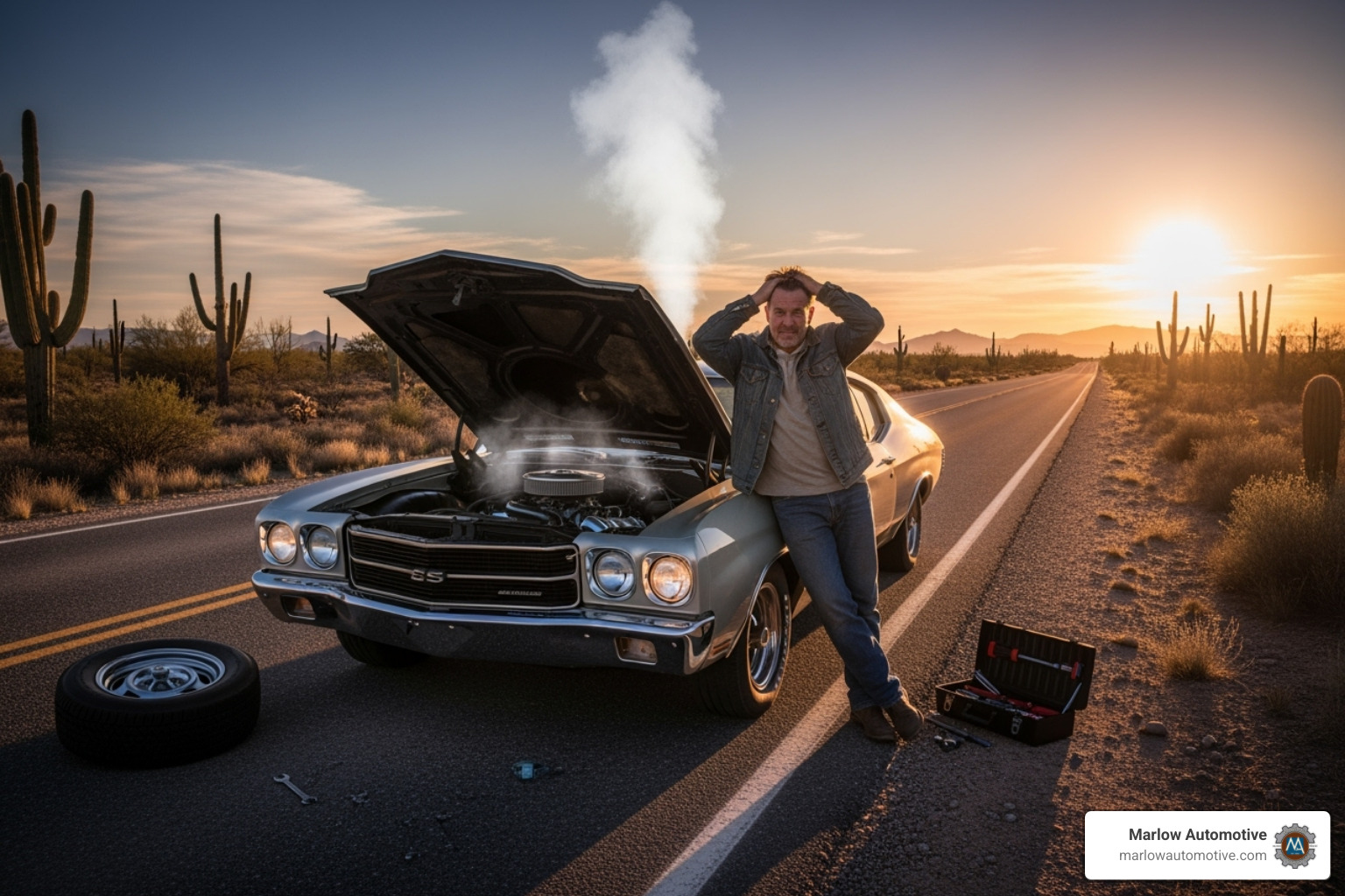 A car broken down on the side of the road, illustrating the consequences of neglected maintenance - scheduled maintenance