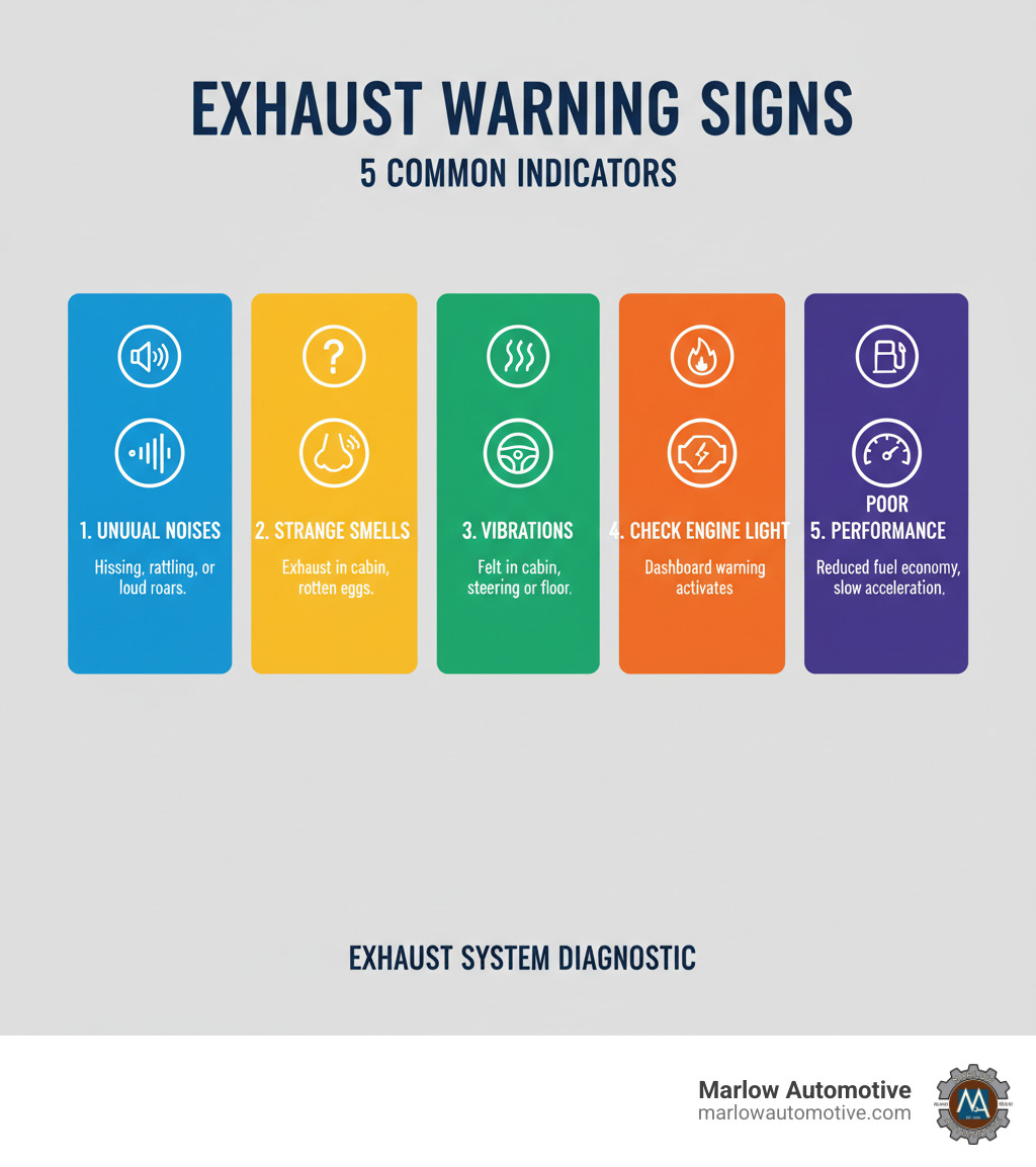 Infographic showing the 5 most common exhaust system warning signs: unusual noises like hissing or rattling sounds, strange smells including exhaust fumes in the cabin or rotten egg odors, vibrations felt through the steering wheel or floorboard, check engine light activation, and poor performance including reduced fuel economy and sluggish acceleration - exhaust diagnostic infographic 