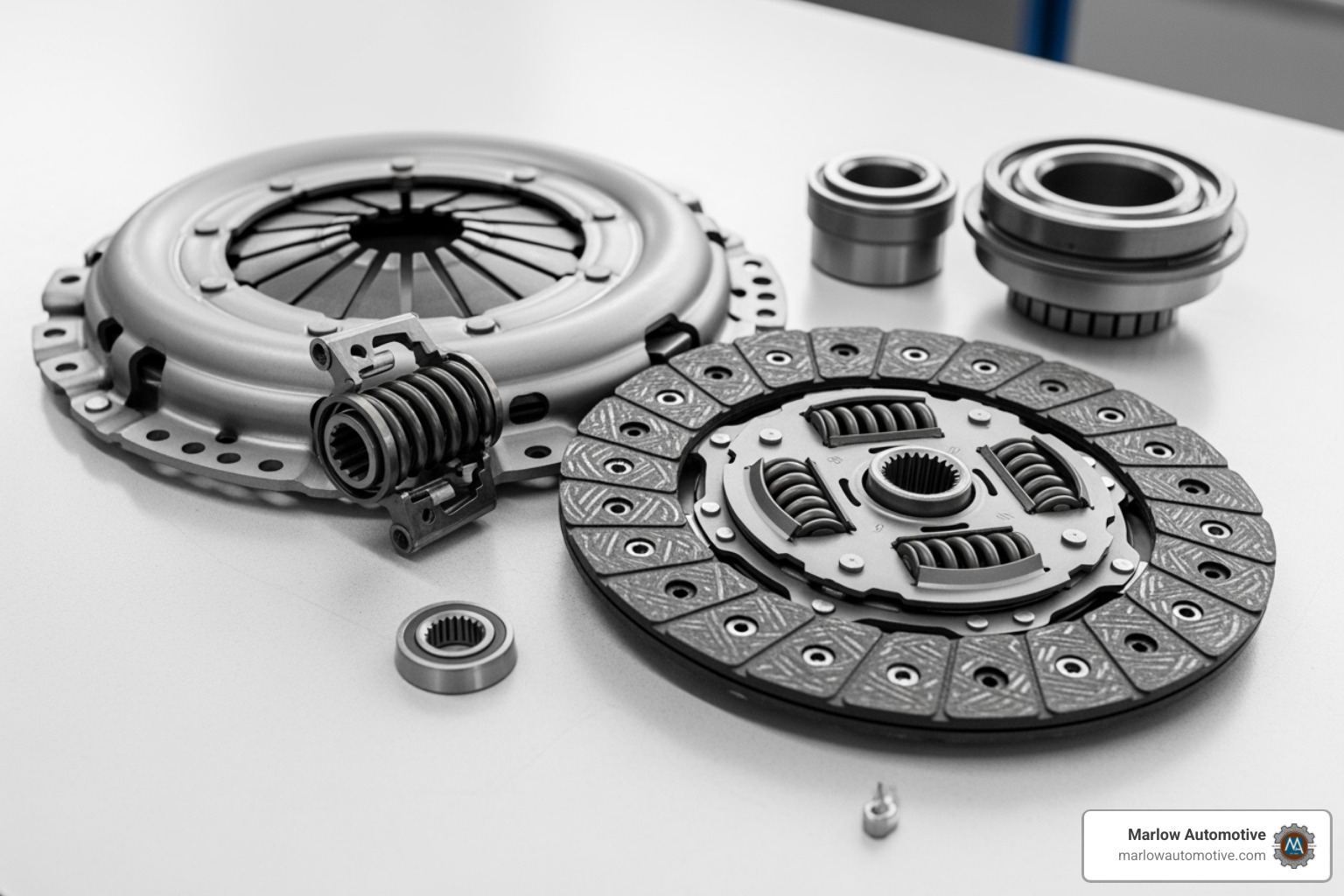 a complete clutch kit laid out (disc, pressure plate, release bearing, pilot bearing) - clutch replacement