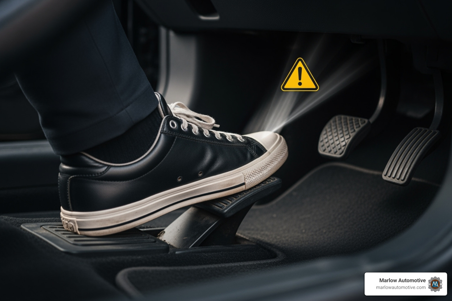 a driver's foot on a clutch pedal with a warning icon overlay - clutch replacement