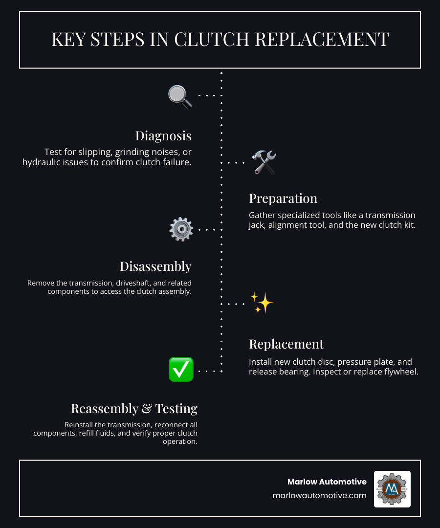 Detailed infographic showing clutch system components including flywheel, pressure plate, clutch disc, release bearing, and hydraulic system with arrows indicating power flow from engine through transmission - clutch replacement infographic infographic-line-5-steps-dark