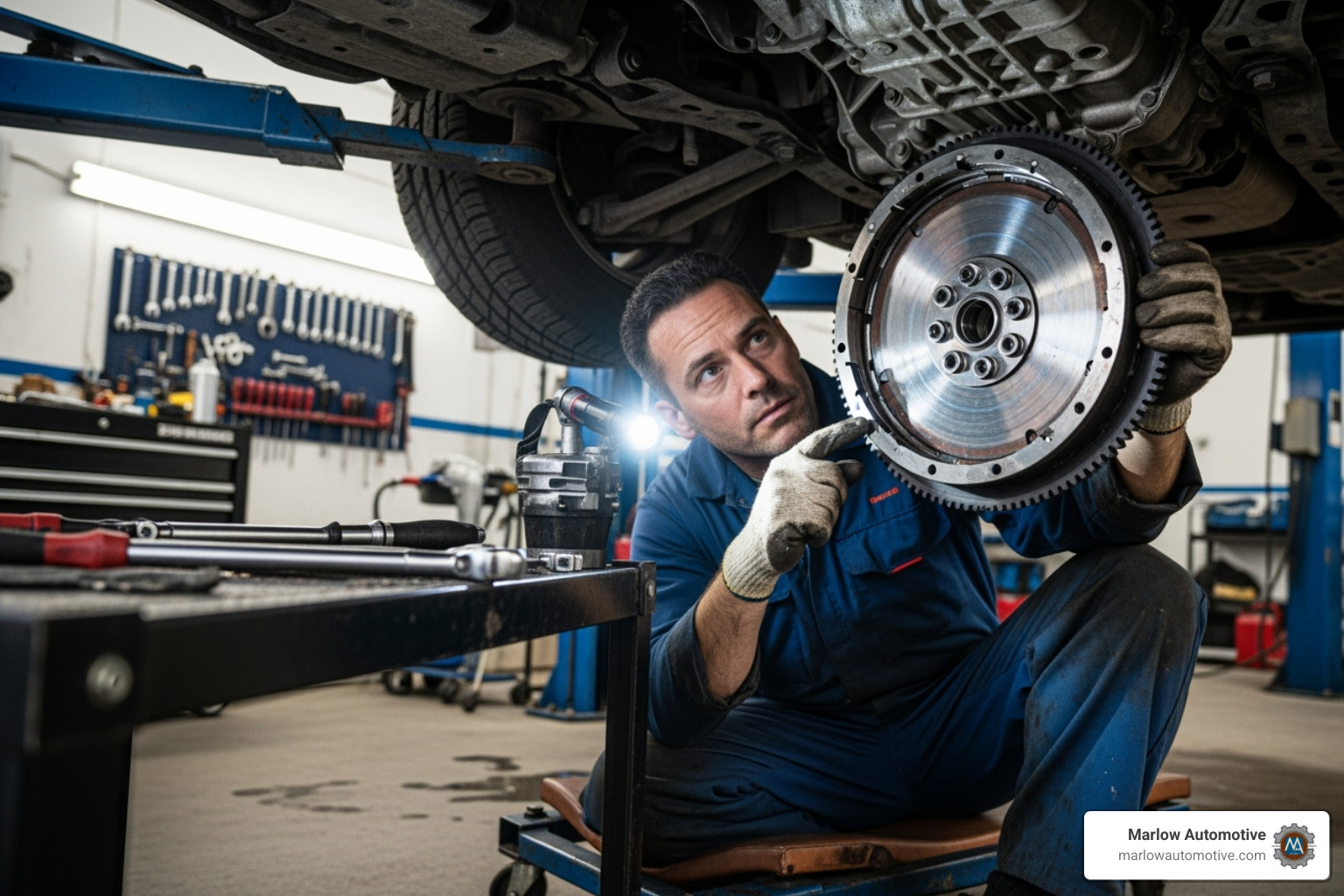 a flywheel being inspected for heat spots and cracks - clutch replacement