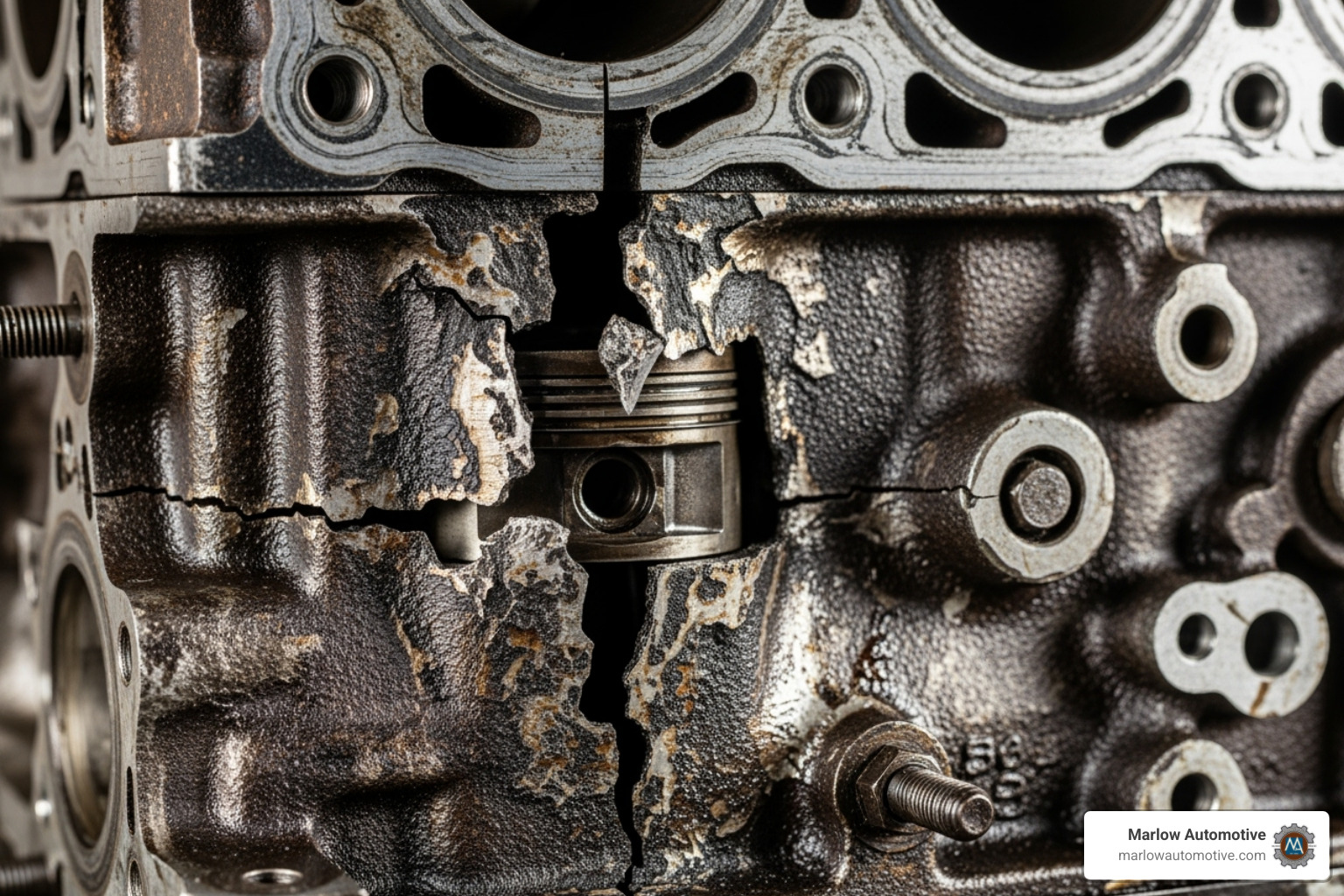 Image of a cracked engine block with visible damage - car overheating repair