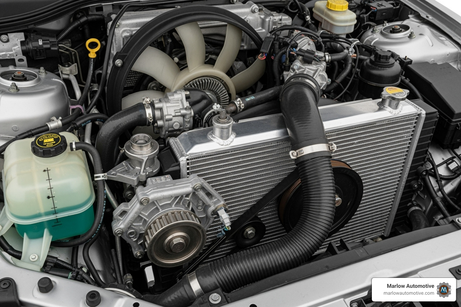 Car engine bay with key cooling system components labeled: radiator, hoses, coolant reservoir, water pump, thermostat, and fan - car overheating repair